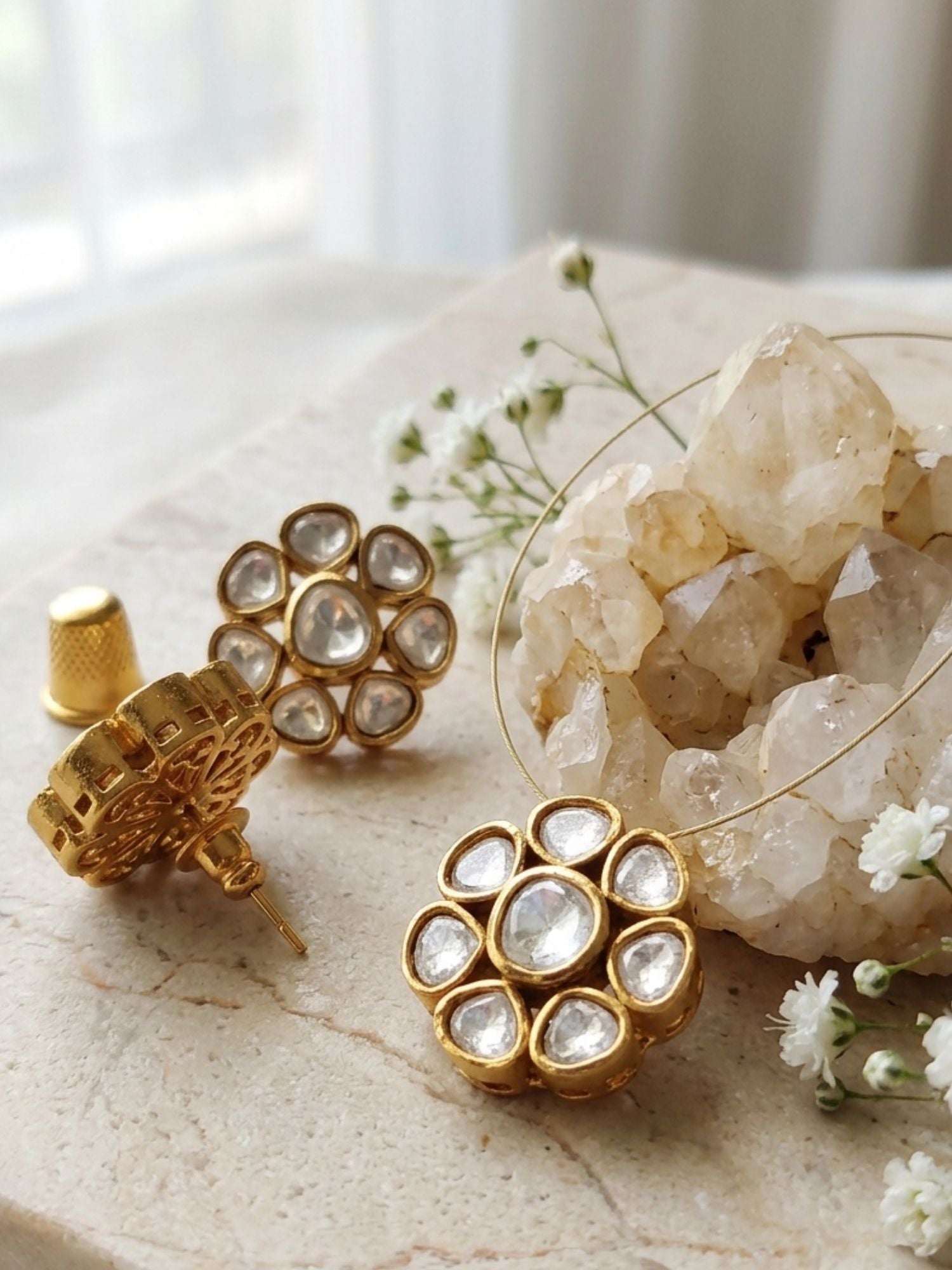Abdesigns Minimal Gold Plated Invisible Necklace with Polki Kundan Pendant & Stud Earrings Set