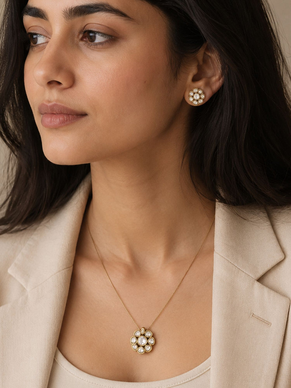 Abdesigns Minimal Gold Plated Invisible Necklace with Polki Kundan Pendant & Stud Earrings Set