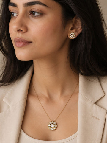 Minimal Gold Plated Invisible Necklace with Polki Kundan Pendant & Stud Earrings Set - necklace by Abdesigns Jewellery