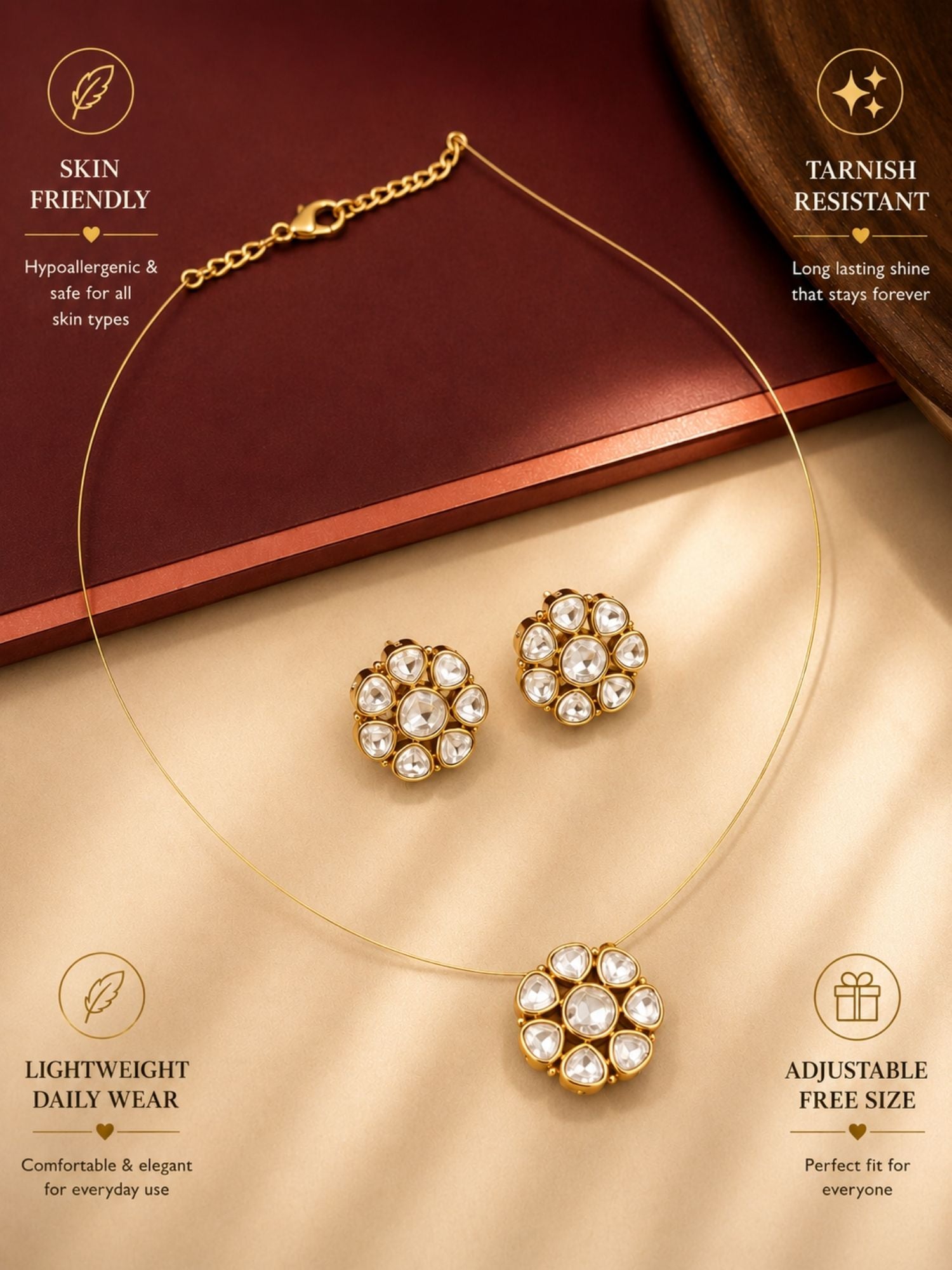 Abdesigns Minimal Gold Plated Invisible Necklace with Polki Kundan Pendant & Stud Earrings Set