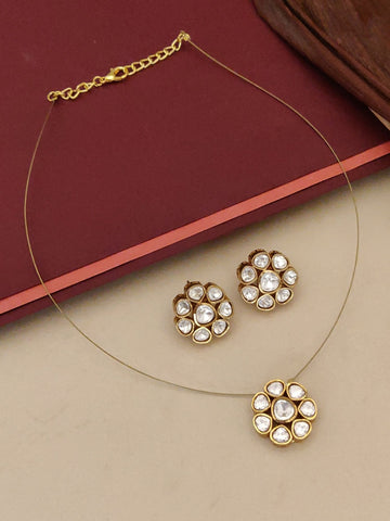 Abdesigns Minimal Gold Plated Invisible Necklace with Polki Kundan Pendant & Stud Earrings Set