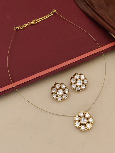 Abdesigns Minimal Gold Plated Invisible Necklace with Polki Kundan Pendant & Stud Earrings Set