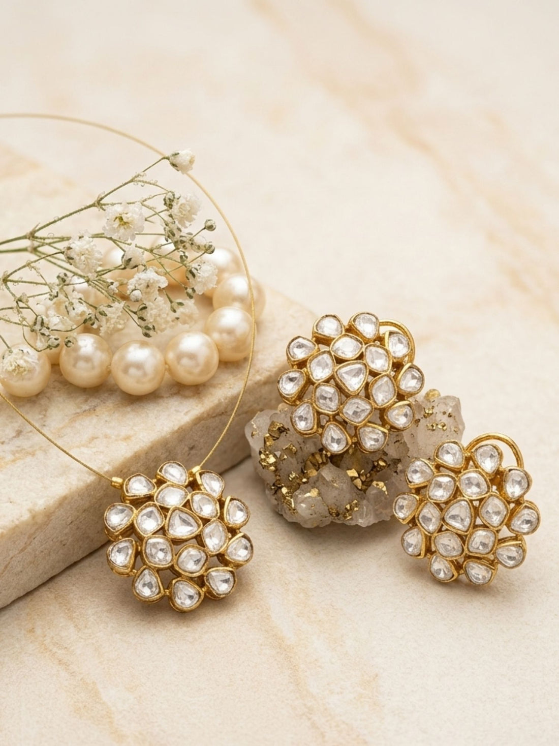Abdesigns Gold Plated Uncut Polki Necklace Kundan Pendant & Stud Earrings Set