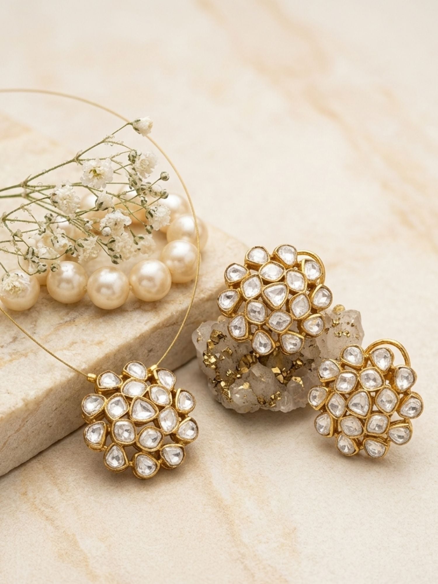 Abdesigns Gold Plated Uncut Polki Necklace Kundan Pendant & Stud Earrings Set
