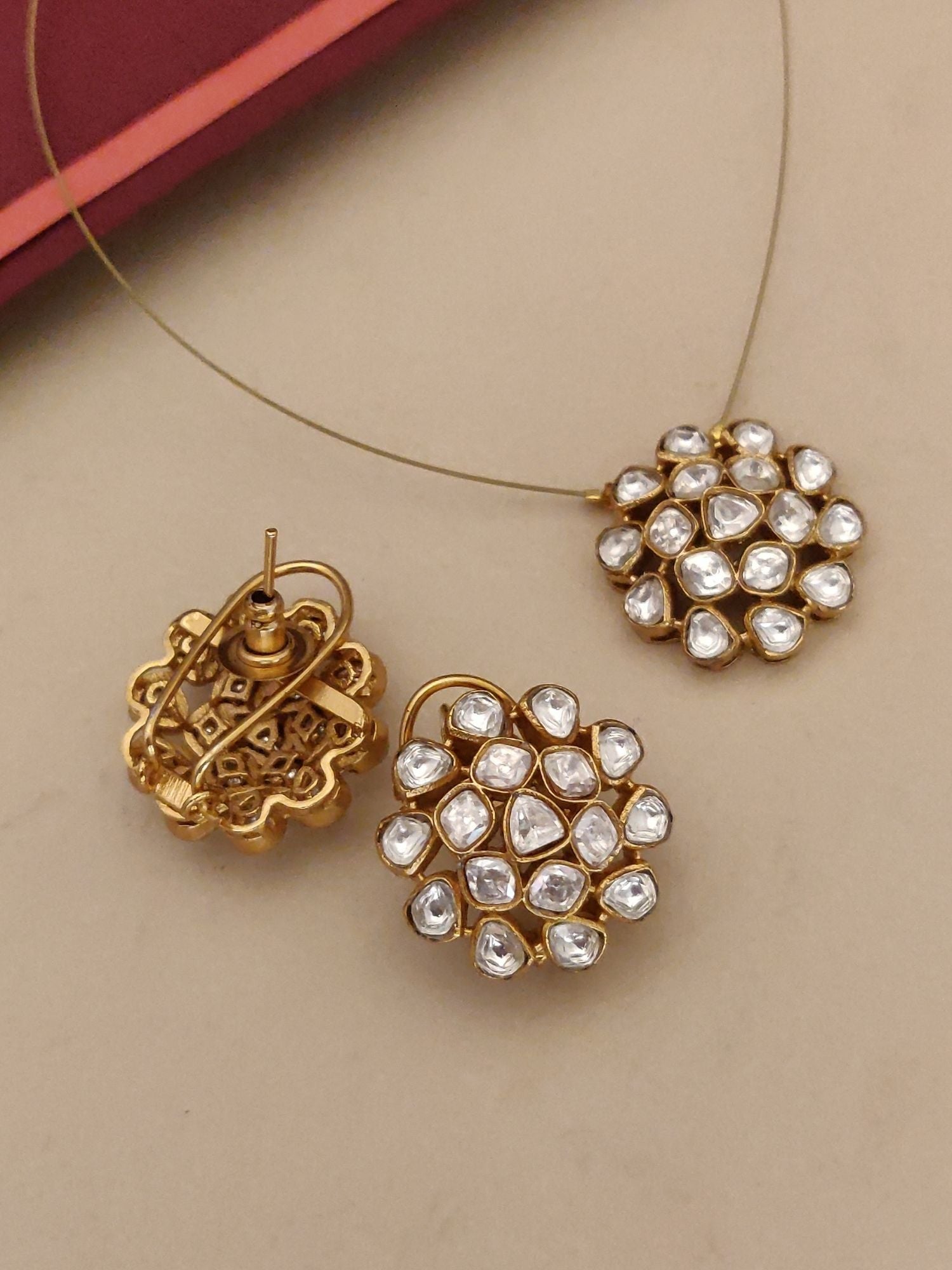 Abdesigns Gold Plated Uncut Polki Necklace Kundan Pendant & Stud Earrings Set