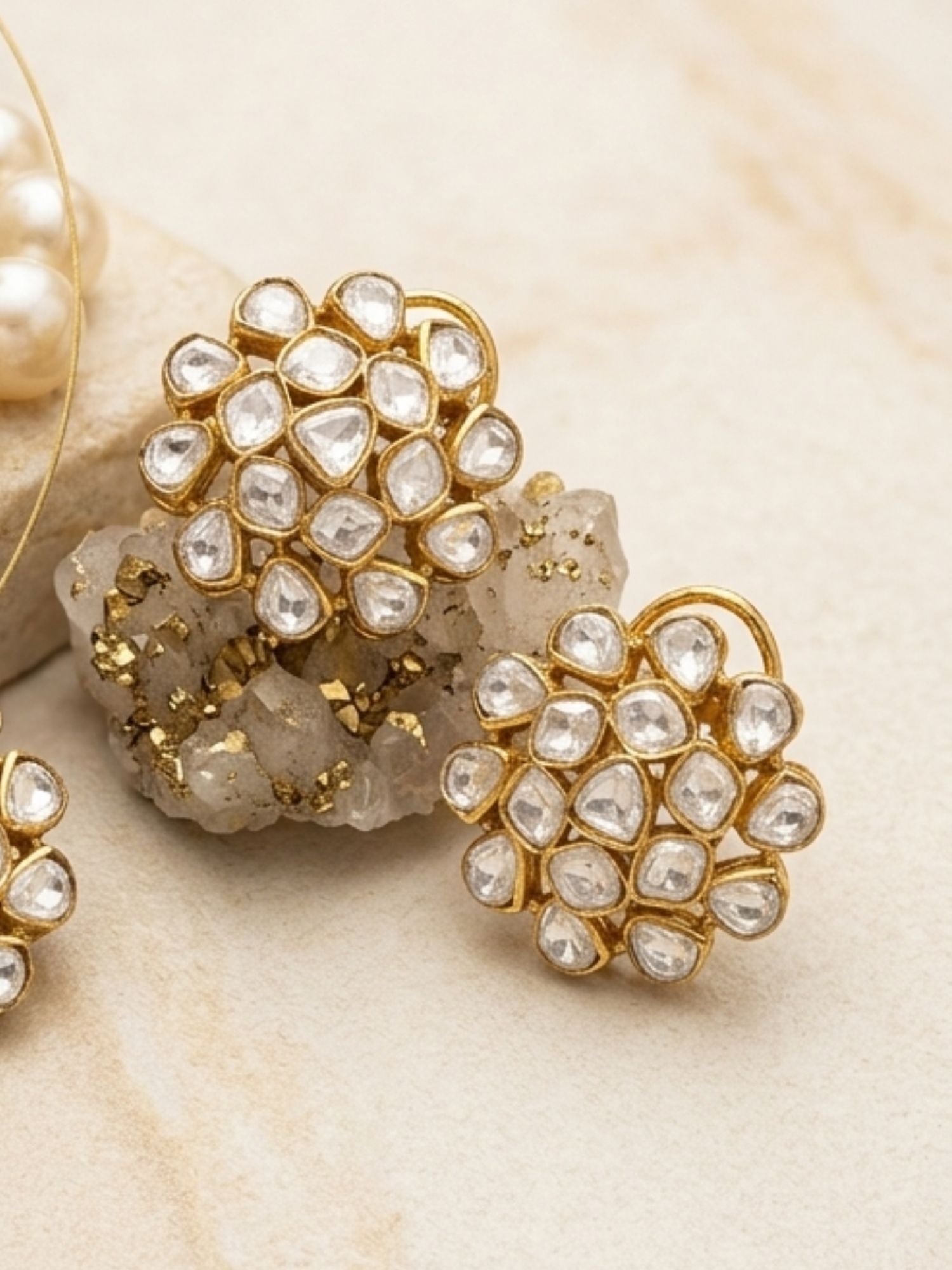 Abdesigns Gold Plated Uncut Polki Necklace Kundan Pendant & Stud Earrings Set