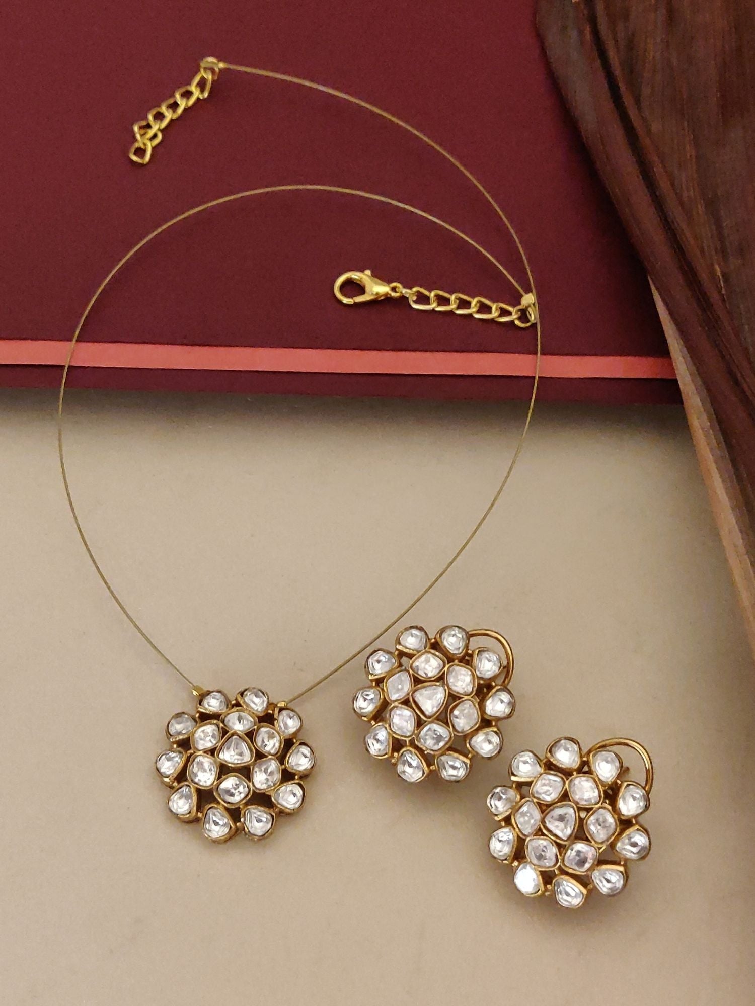 Abdesigns Gold Plated Uncut Polki Necklace Kundan Pendant & Stud Earrings Set