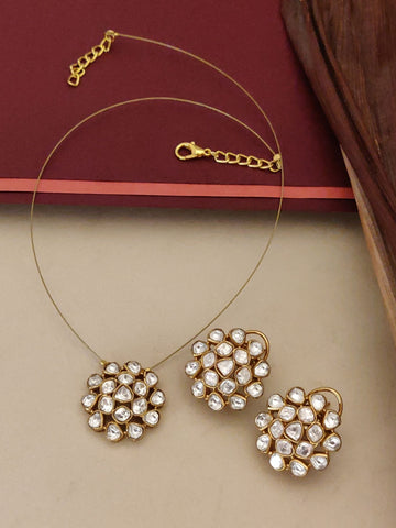Abdesigns Gold Plated Uncut Polki Necklace Kundan Pendant & Stud Earrings Set