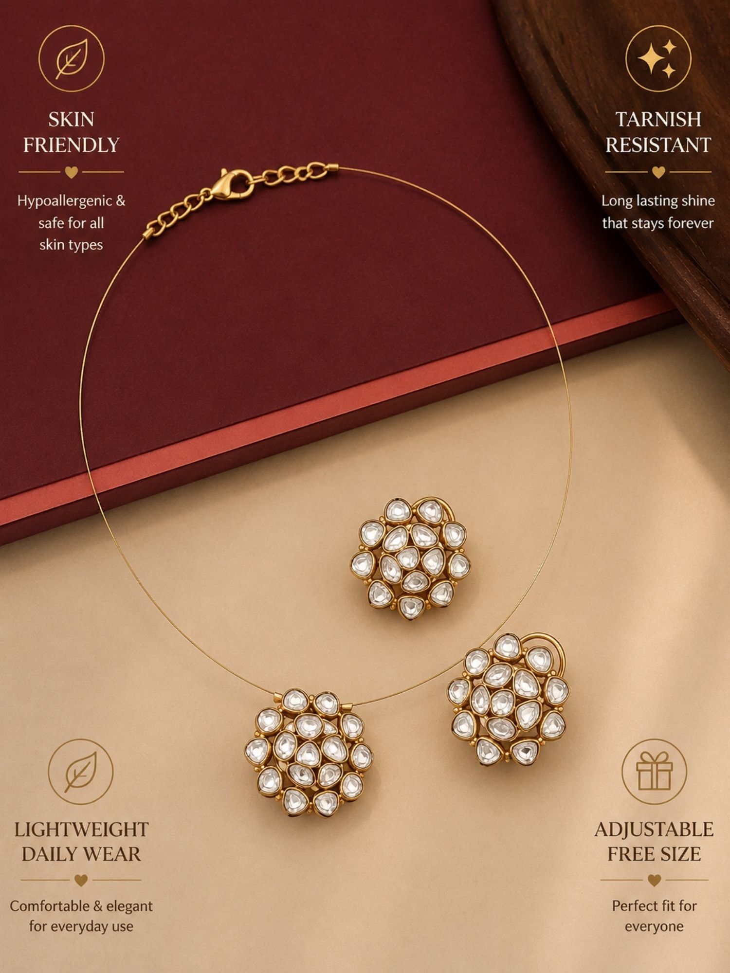 Abdesigns Gold Plated Uncut Polki Necklace Kundan Pendant & Stud Earrings Set