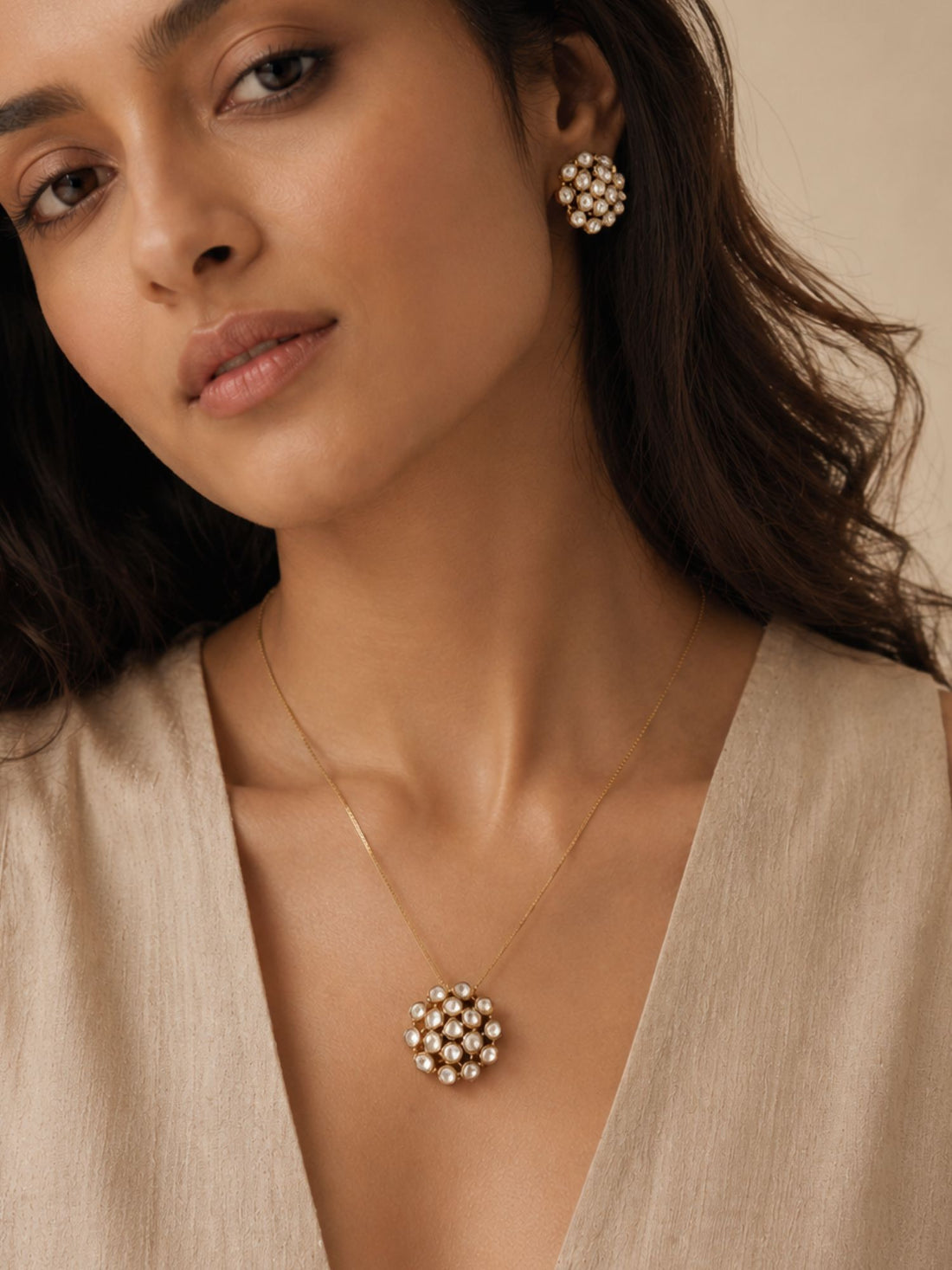 Abdesigns Gold Plated Uncut Polki Necklace Kundan Pendant & Stud Earrings Set