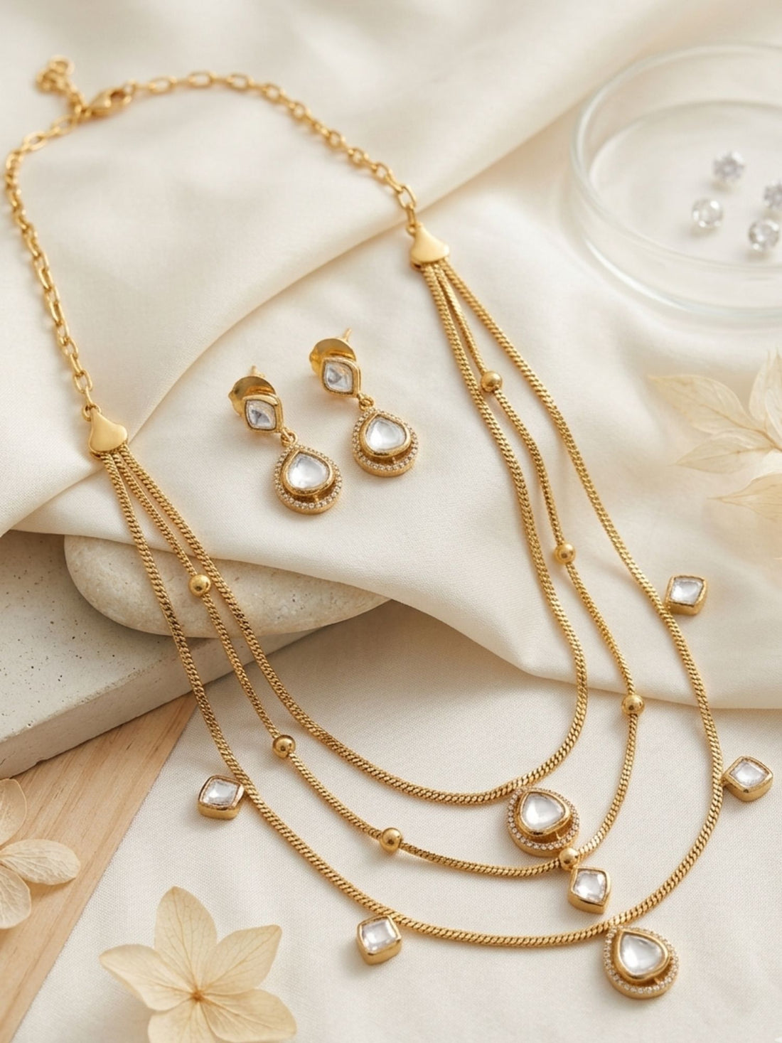 Abdesigns Multi Layer Gold Plated Necklace Set with Kundan Drops & Earrings