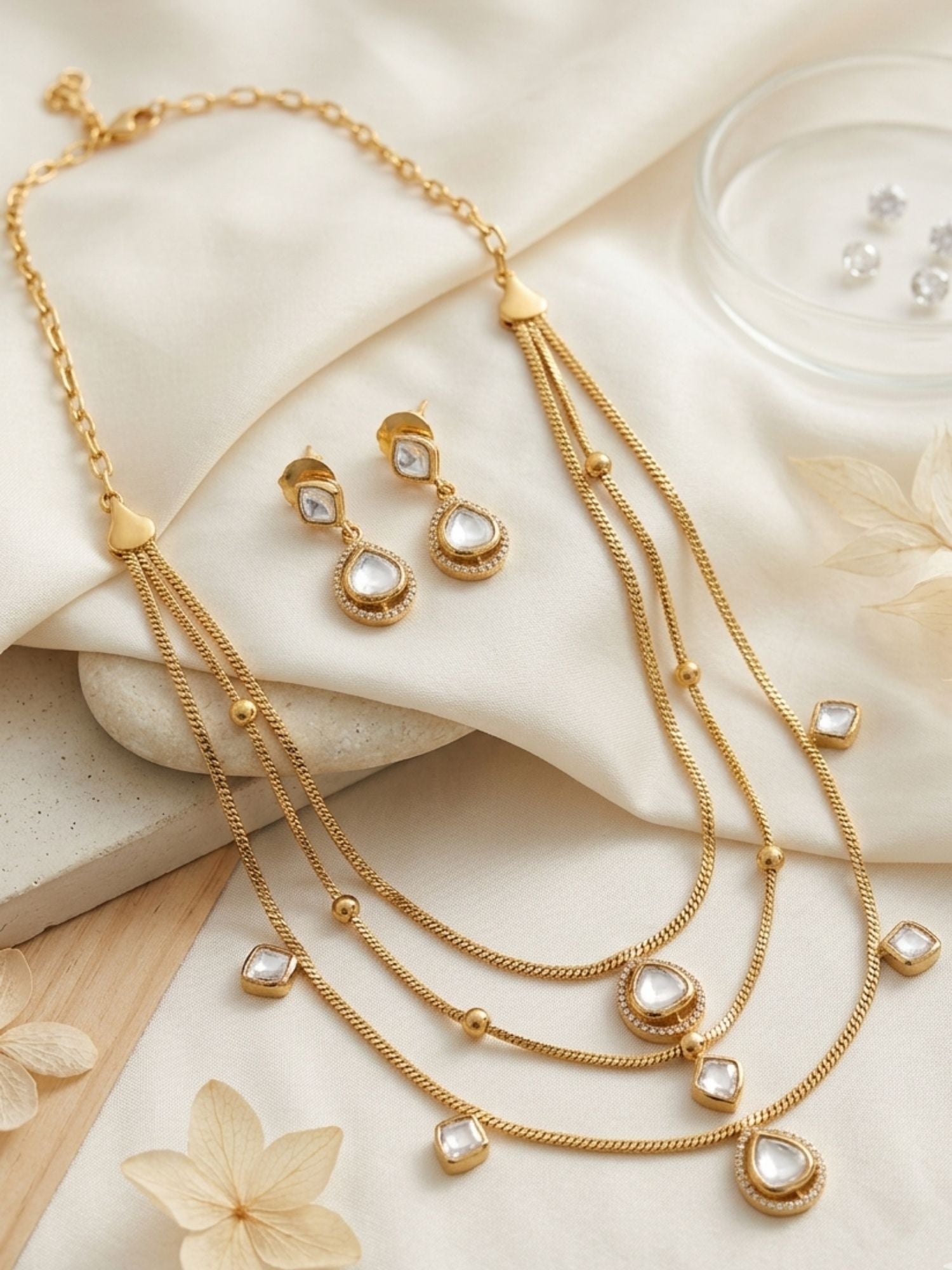 Abdesigns Multi Layer Gold Plated Necklace Set with Kundan Drops & Earrings