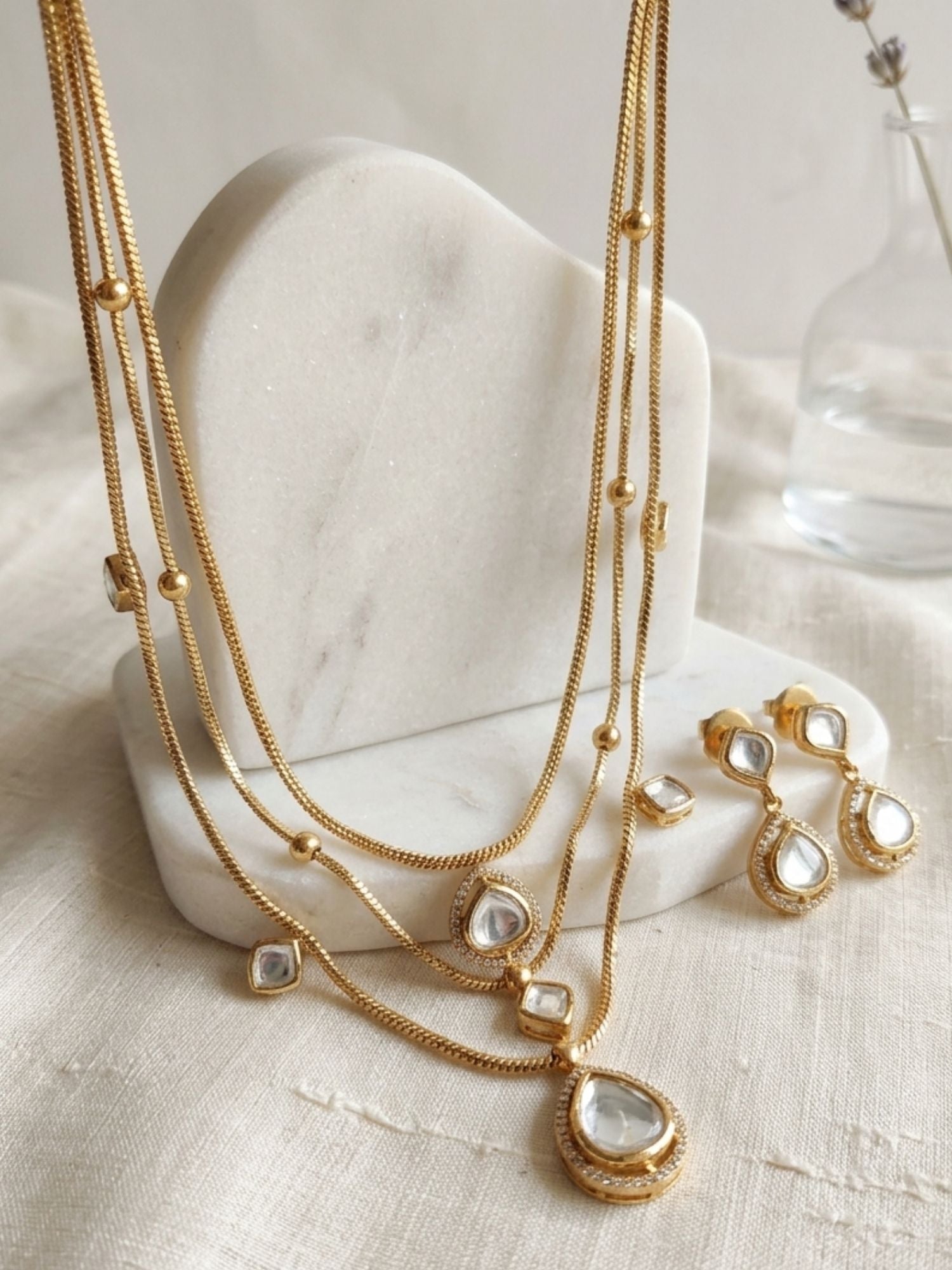 Abdesigns Multi Layer Gold Plated Necklace Set with Kundan Drops & Earrings