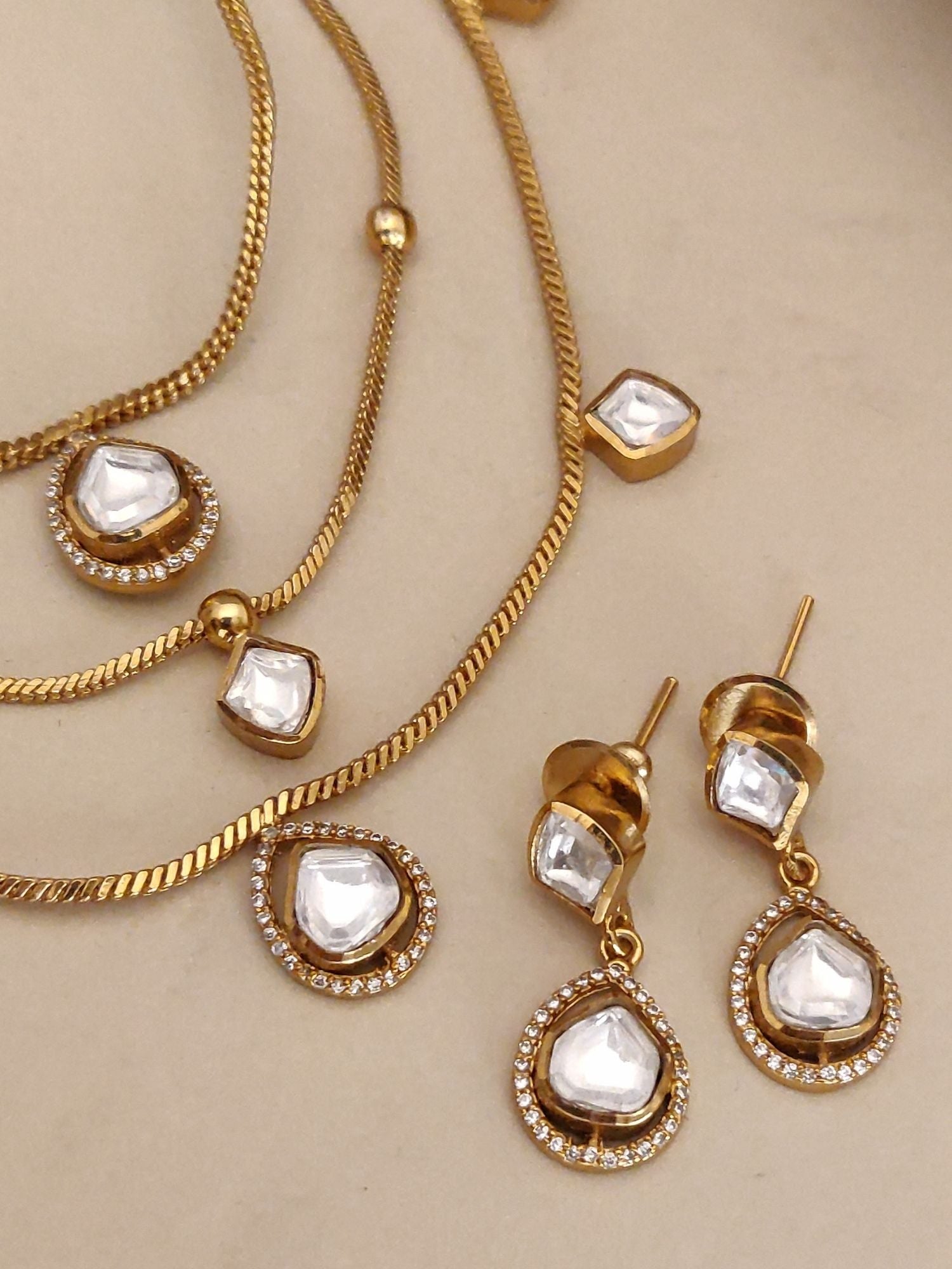 Abdesigns Multi Layer Gold Plated Necklace Set with Kundan Drops & Earrings