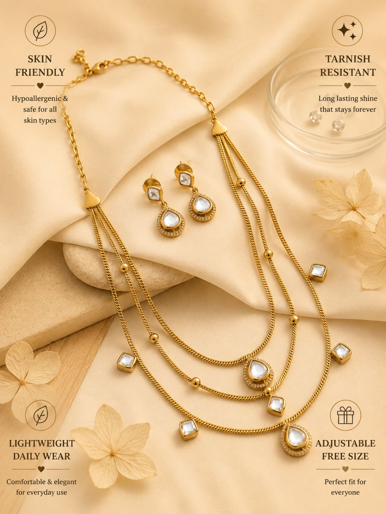 Abdesigns Multi Layer Gold Plated Necklace Set with Kundan Drops & Earrings
