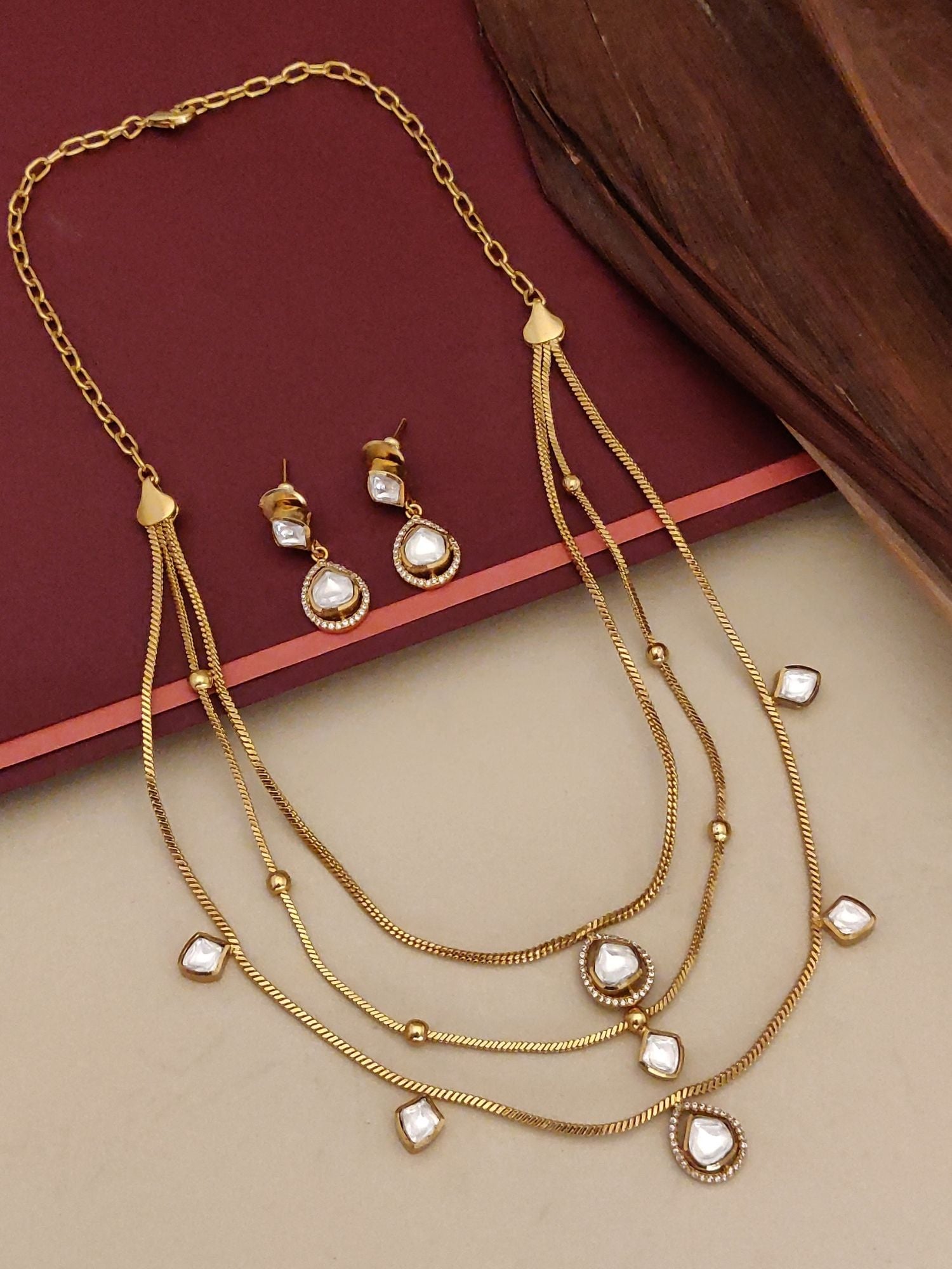 Abdesigns Multi Layer Gold Plated Necklace Set with Kundan Drops & Earrings