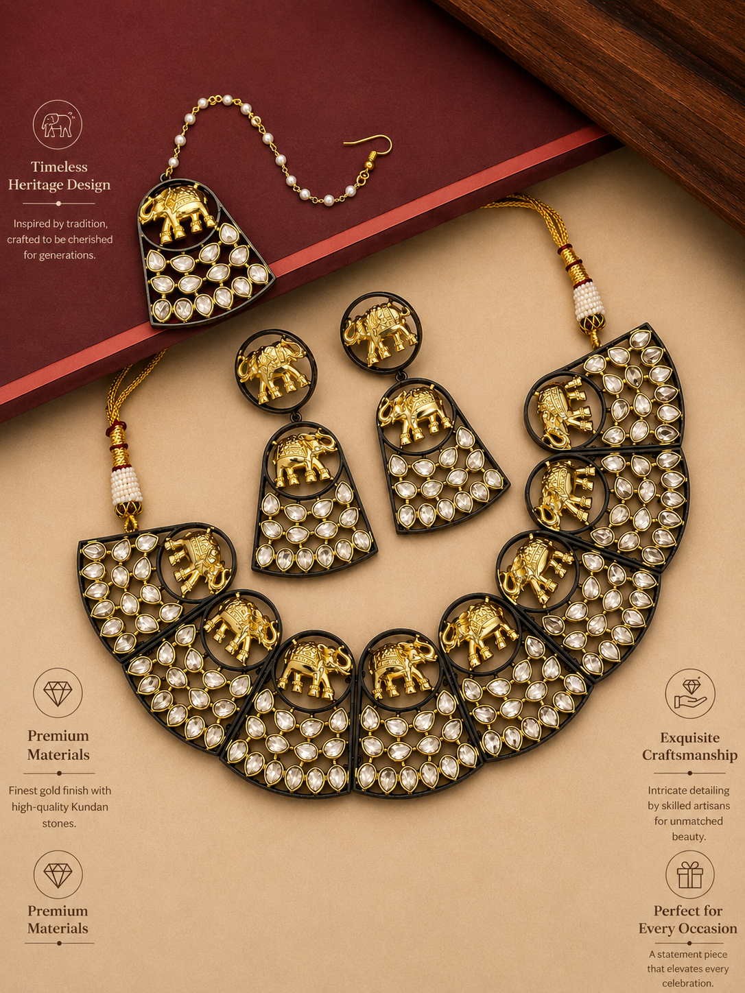 Gold Plated Polki Stones Elephant Necklace Set - necklace by Abdesigns Jewellery