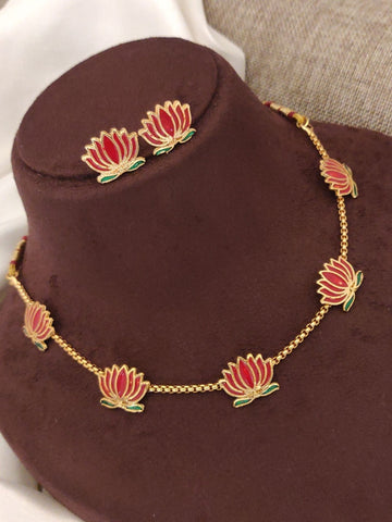 Abdesigns Gold Plated Handprinted Lotus Necklace Set