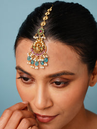 Thumbnail for Multistone Sky Blue Matt Gold Plated Peacock Style Maangtikka