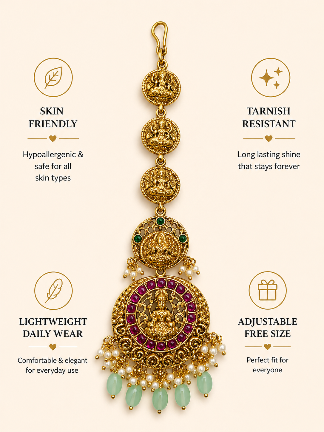 Bridal Wear Handcrafted Matt Gold Temple Maang Tikka