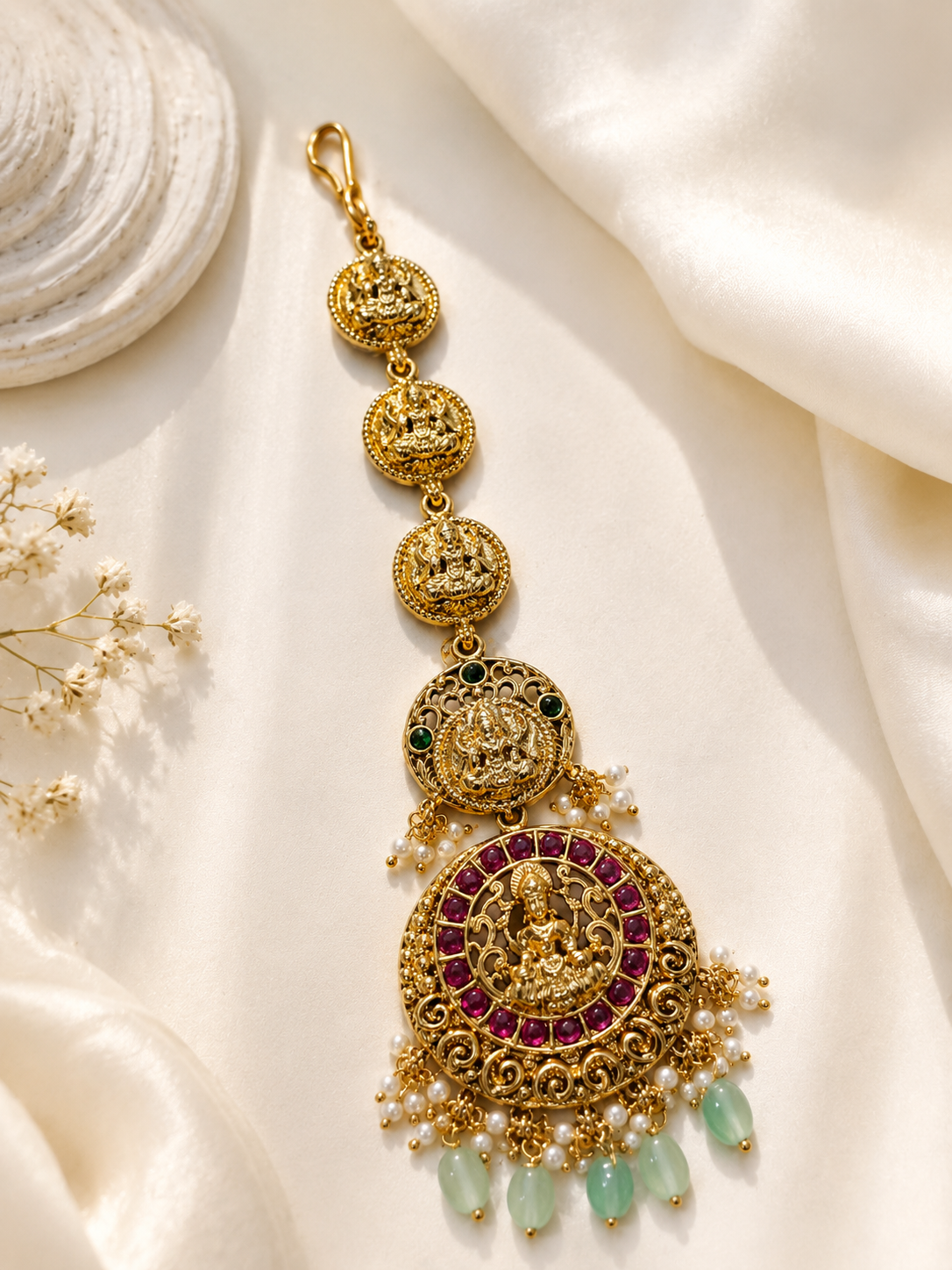 Bridal Wear Handcrafted Matt Gold Temple Maang Tikka