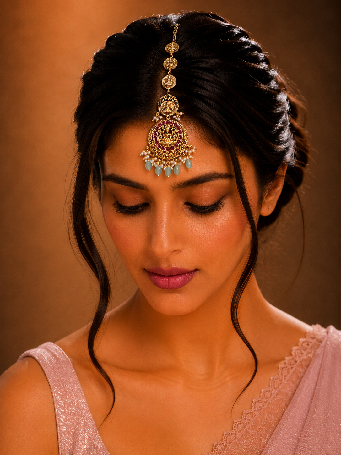 Bridal Wear Handcrafted Matt Gold Temple Maang Tikka