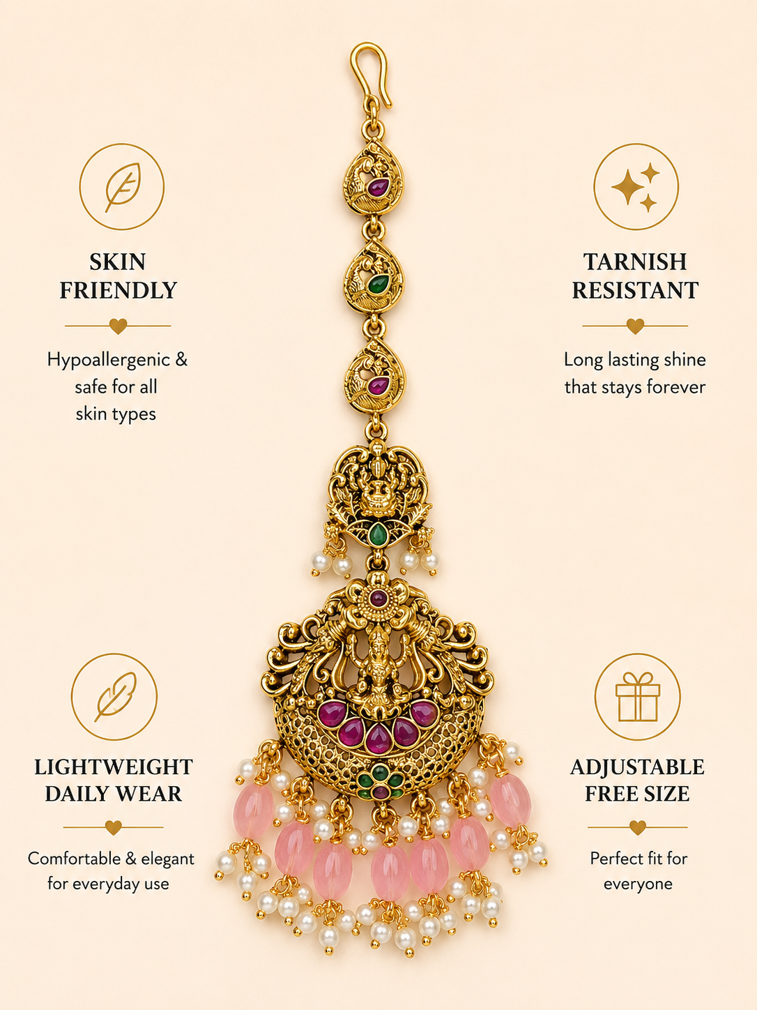 Temple Ethnic Goddess Laxmi Pink Pearl Maang Tikka
