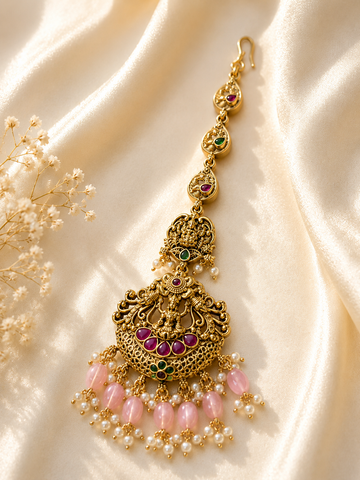 Temple Ethnic Goddess Laxmi Pink Pearl Maang Tikka
