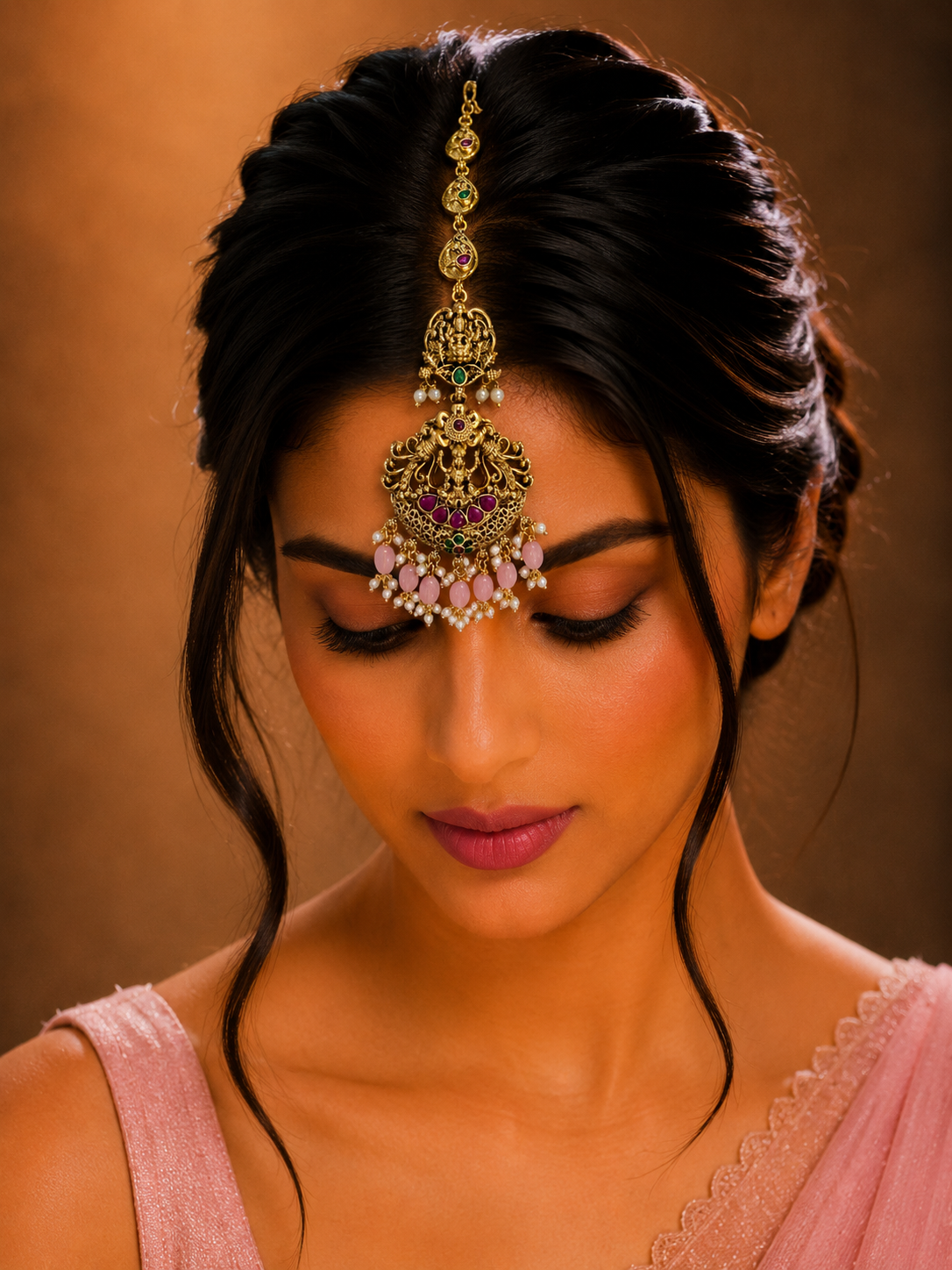 Temple Ethnic Goddess Laxmi Pink Pearl Maang Tikka