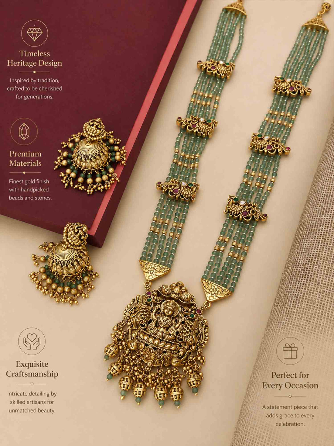 Abdesigns Gold Plated Long Antique Temple South Indian Necklace Set