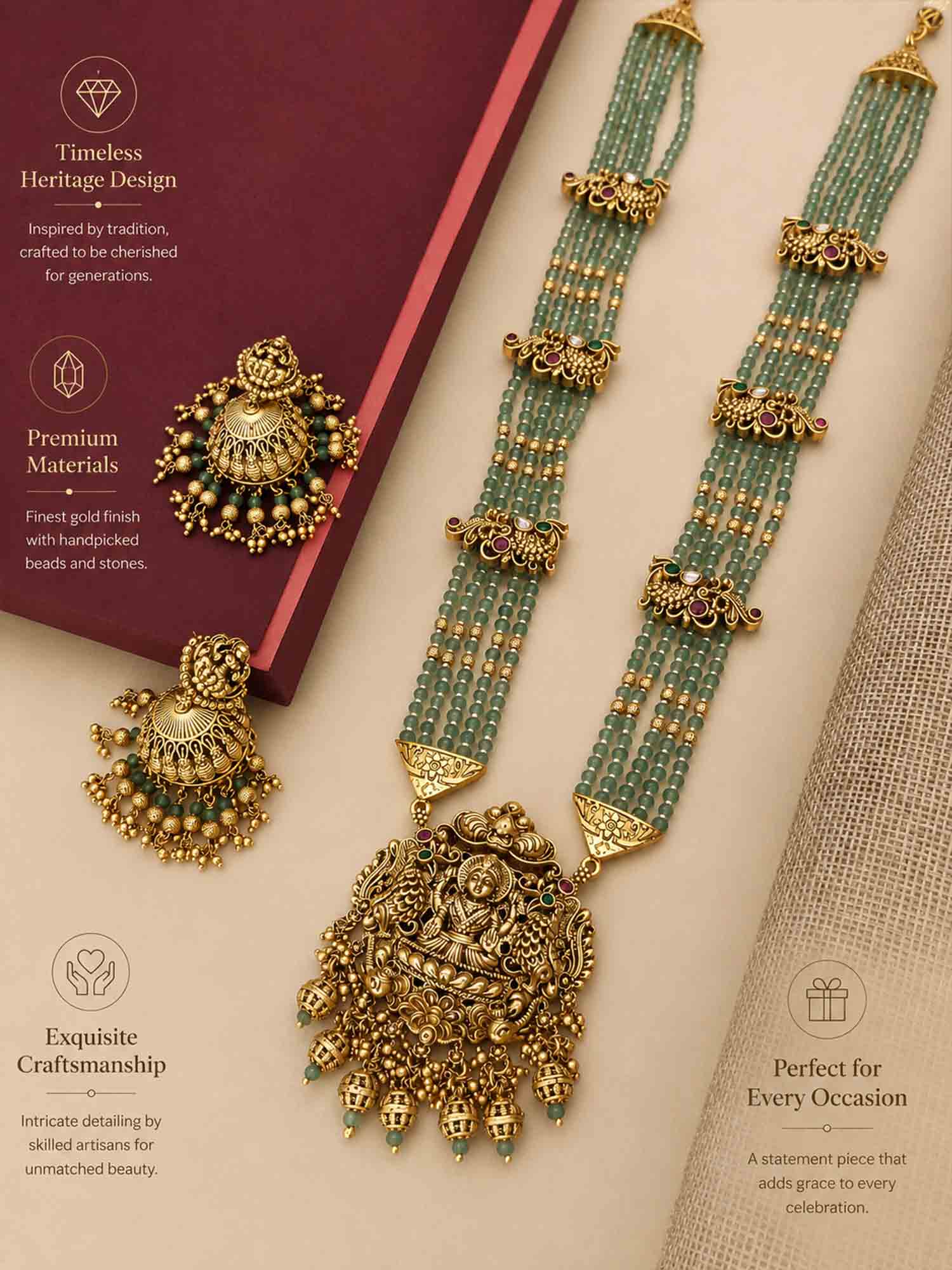 Gold Plated Long Antique Temple South Indian Necklace Set - necklace by Abdesigns Jewellery