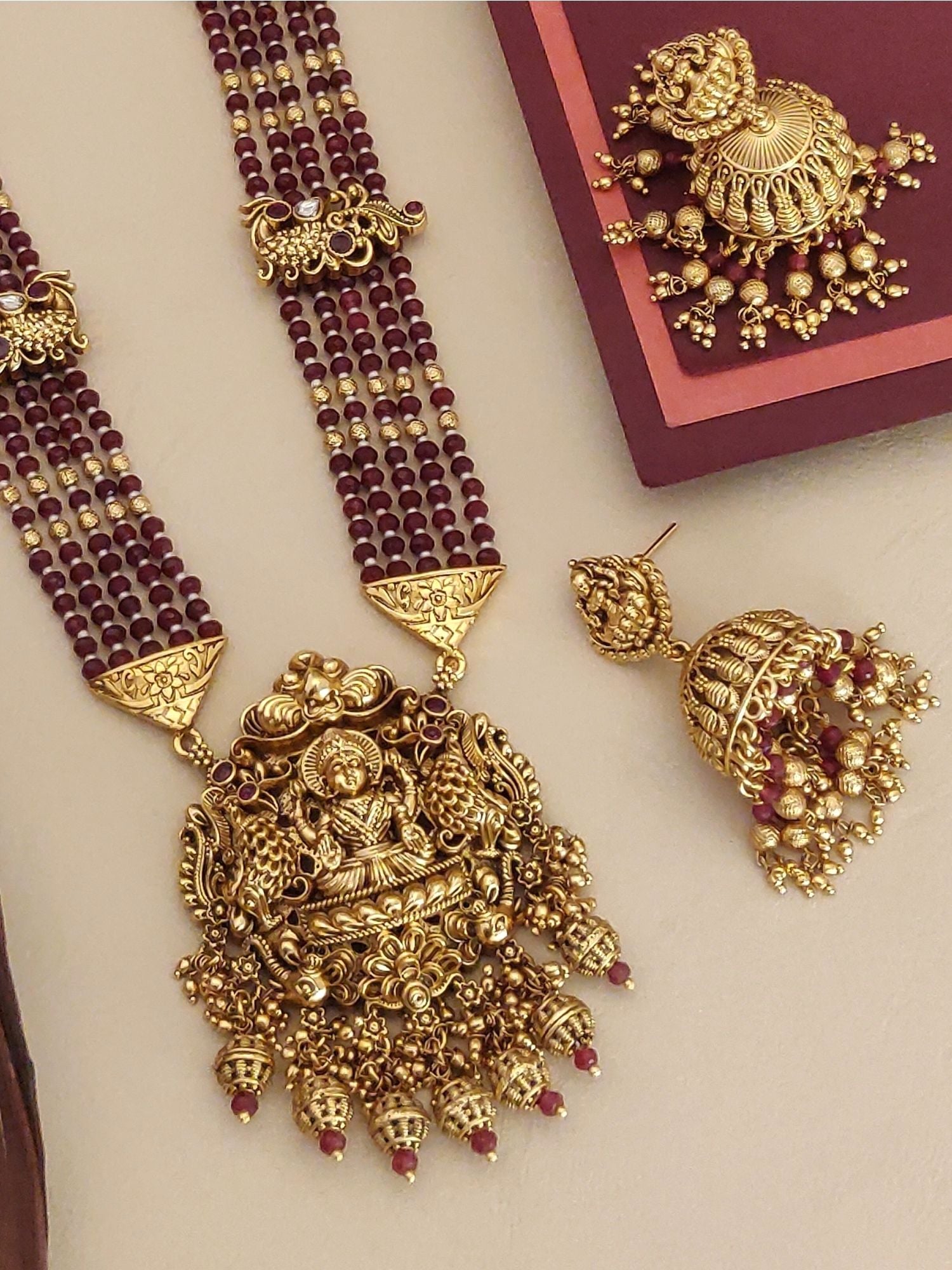 Abdesigns Gold Plated Long Antique Temple Necklace Set