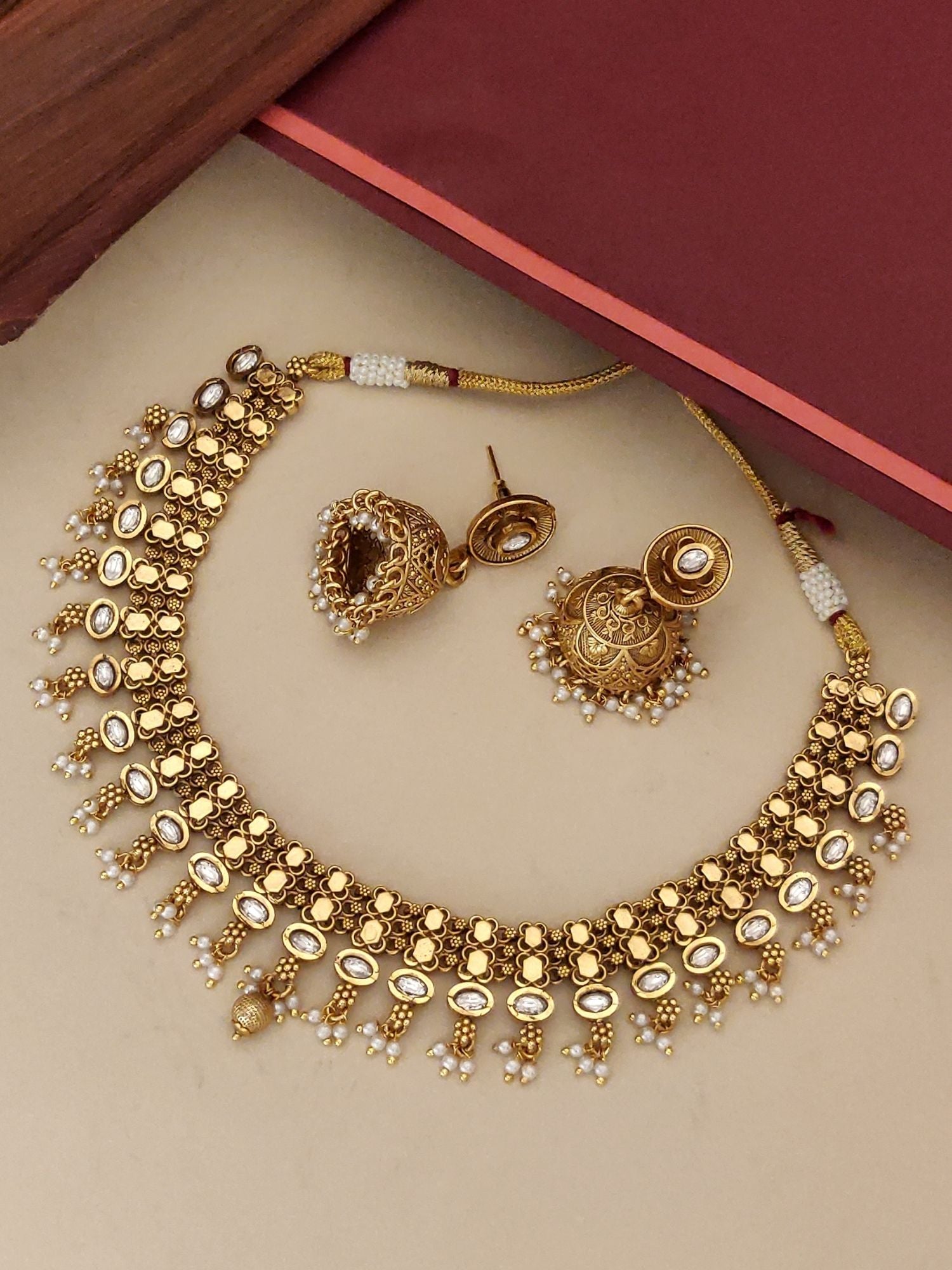Abdesignsjewellery gold Kundan neck with pearl drops and matching jhumka earrings traditional Indian necklace earrings set bridal