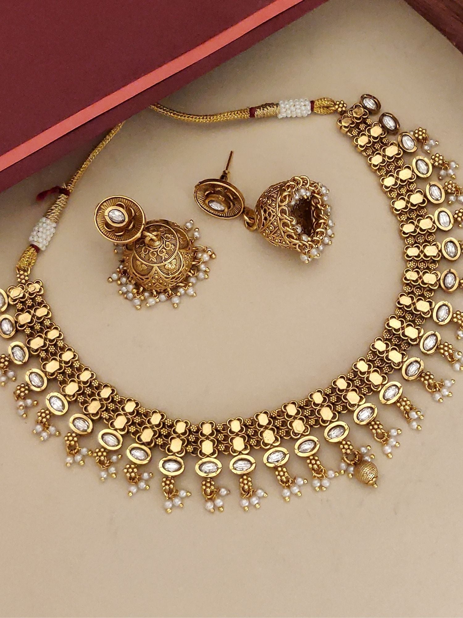 Abdesignsjewellery gold kundan choker with pearls and jhumka earrings traditional Indian necklace earrings set
