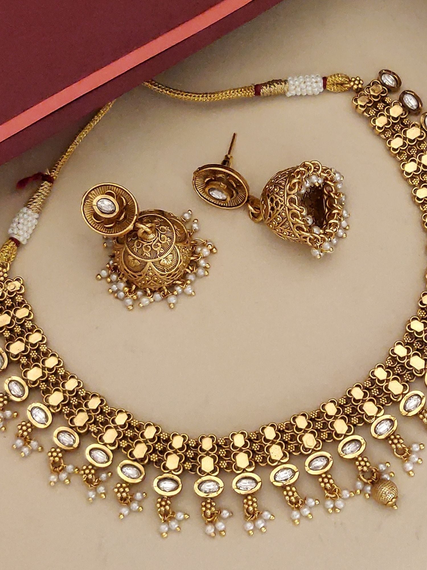 Abdesignsjewellery traditional Indian necklace earrings set gold Kundan necklace with jhumka earrings and pearl drops