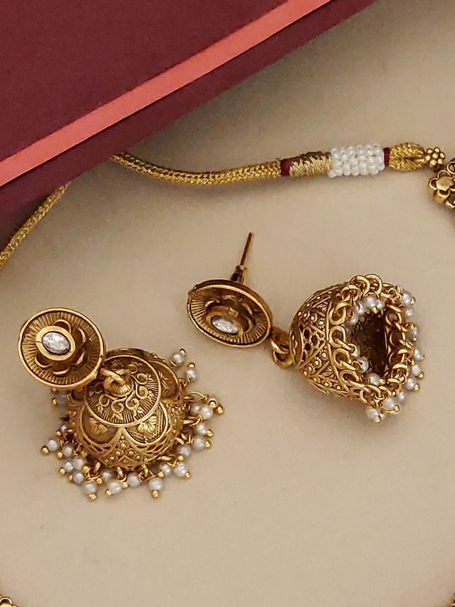 Abdesignsjewellery gold filigree jhumka earrings with pearl drops and matching cord traditional Indian necklace earrings set