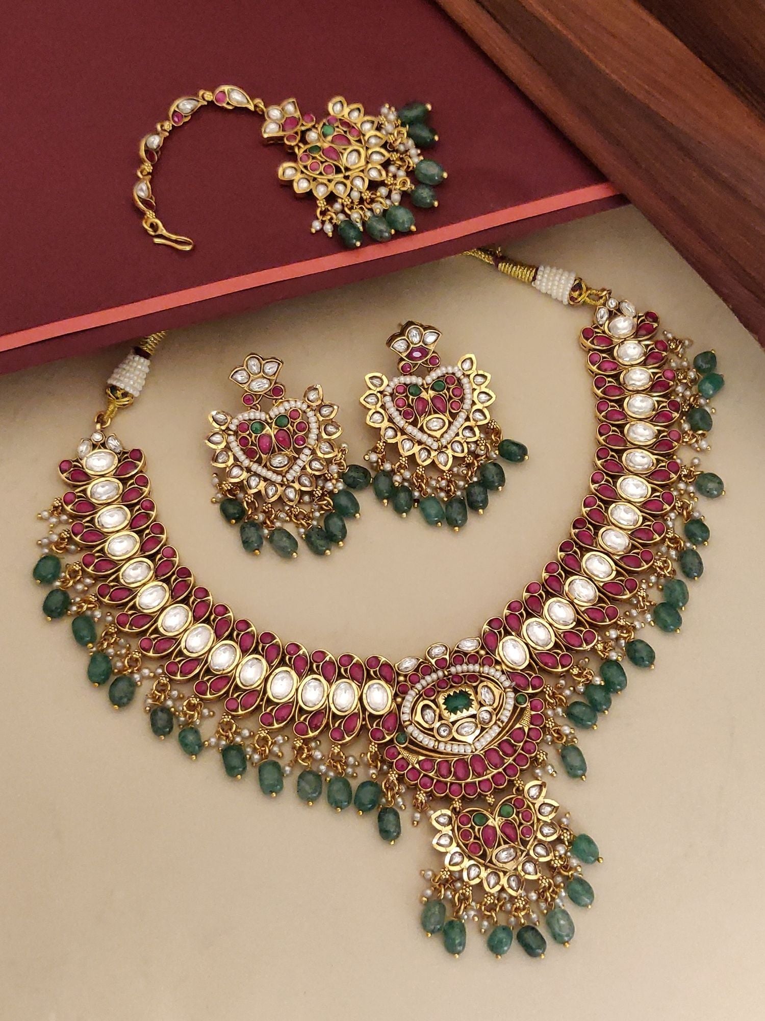 Abdesignsjewellery southindian designer necklace with beads gold tone pink stones and green bead drops set