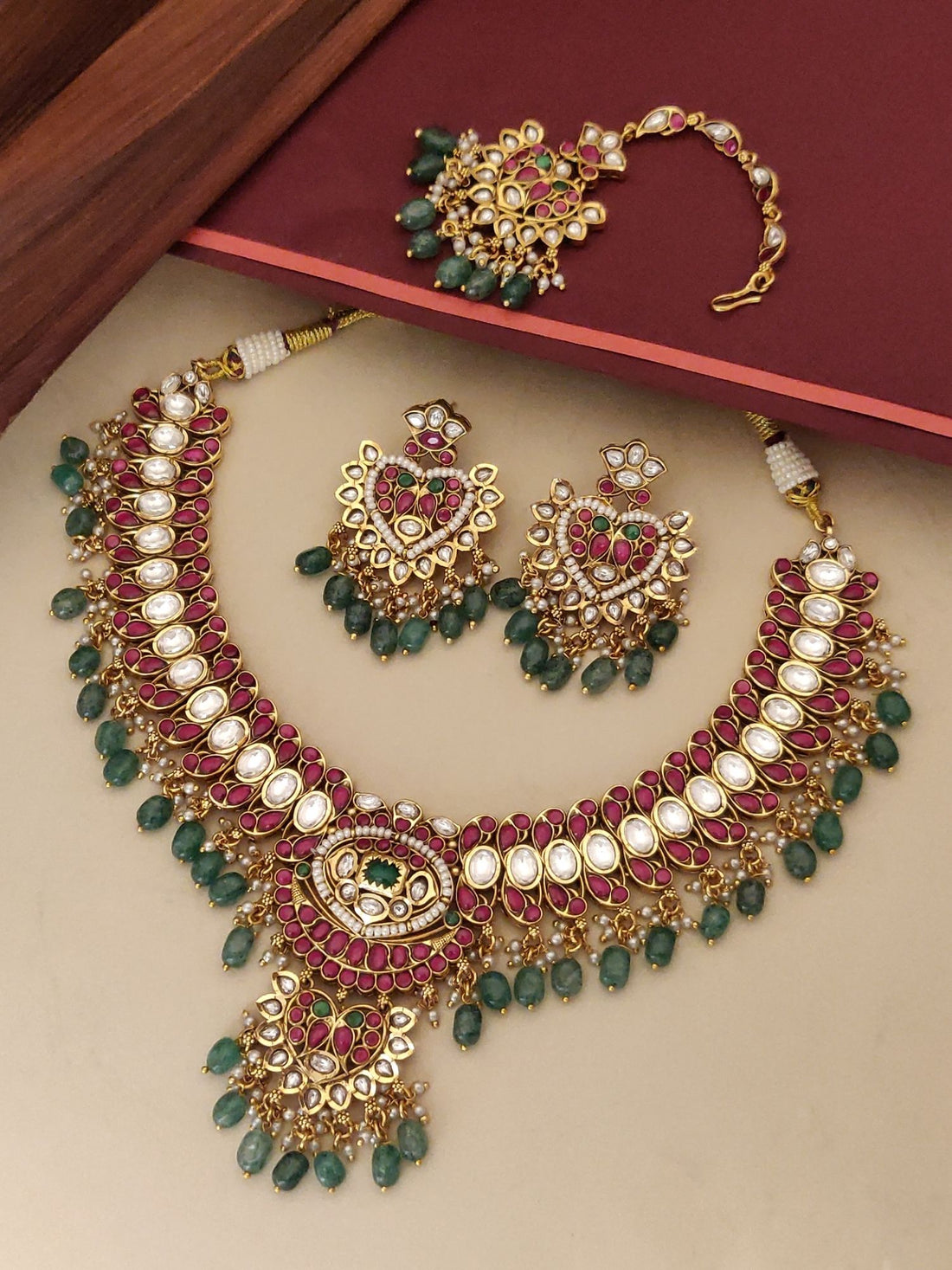 Abdesignsjewellery southindian designer necklace with beads gold tone pink stones and green bead drops set