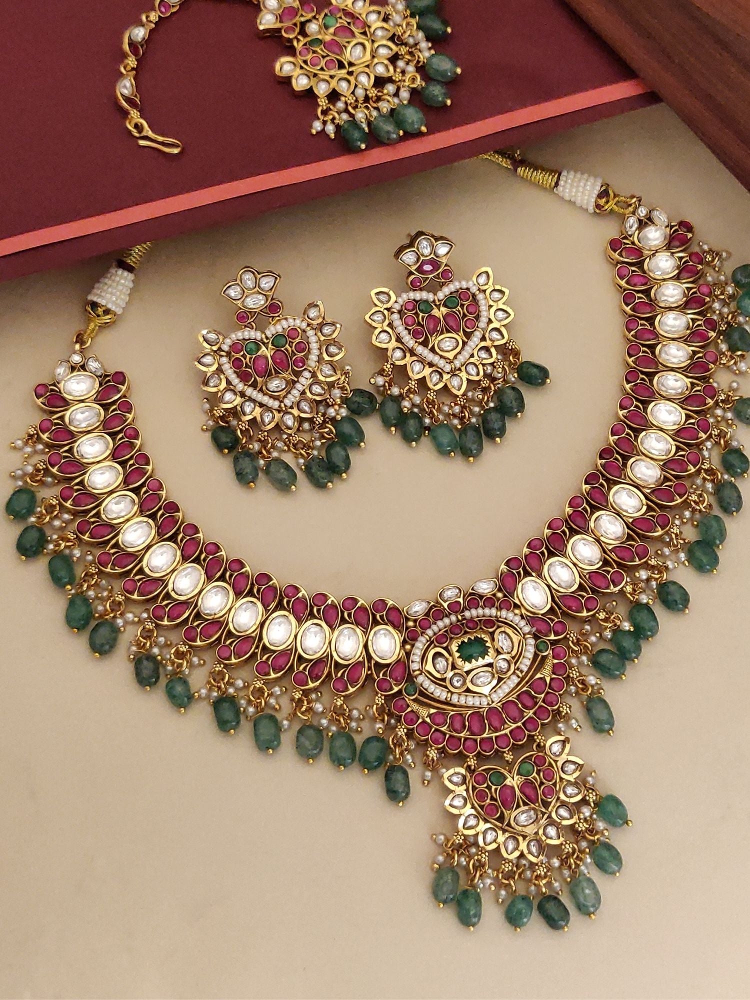 Abdesignsjewellery southindian designer necklace with beads gold kundan pink stones green bead drops matching earrings