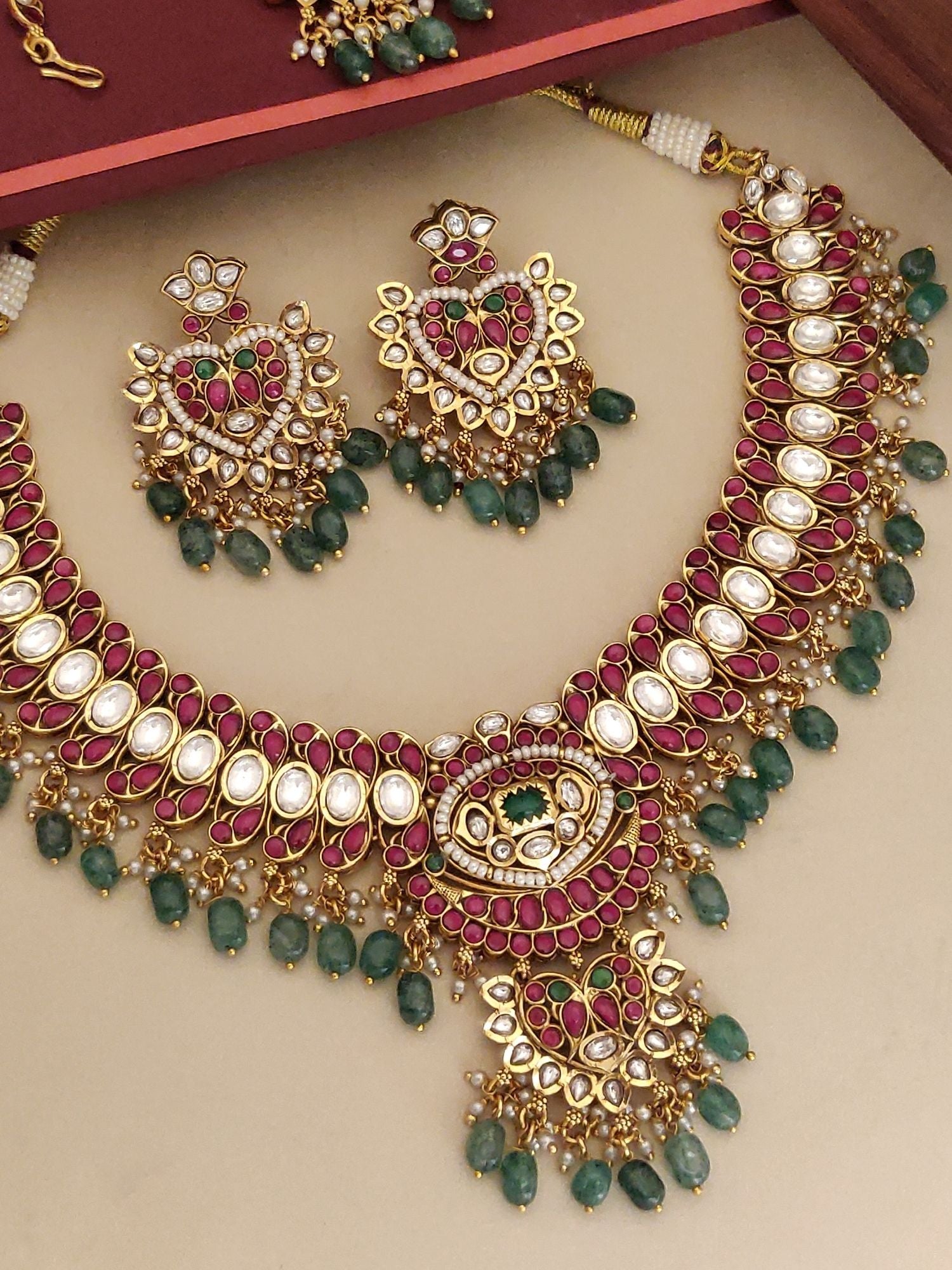 Abdesignsjewellery southindian designer necklace with beads gold kundan choker with green bead drops and matching earrings