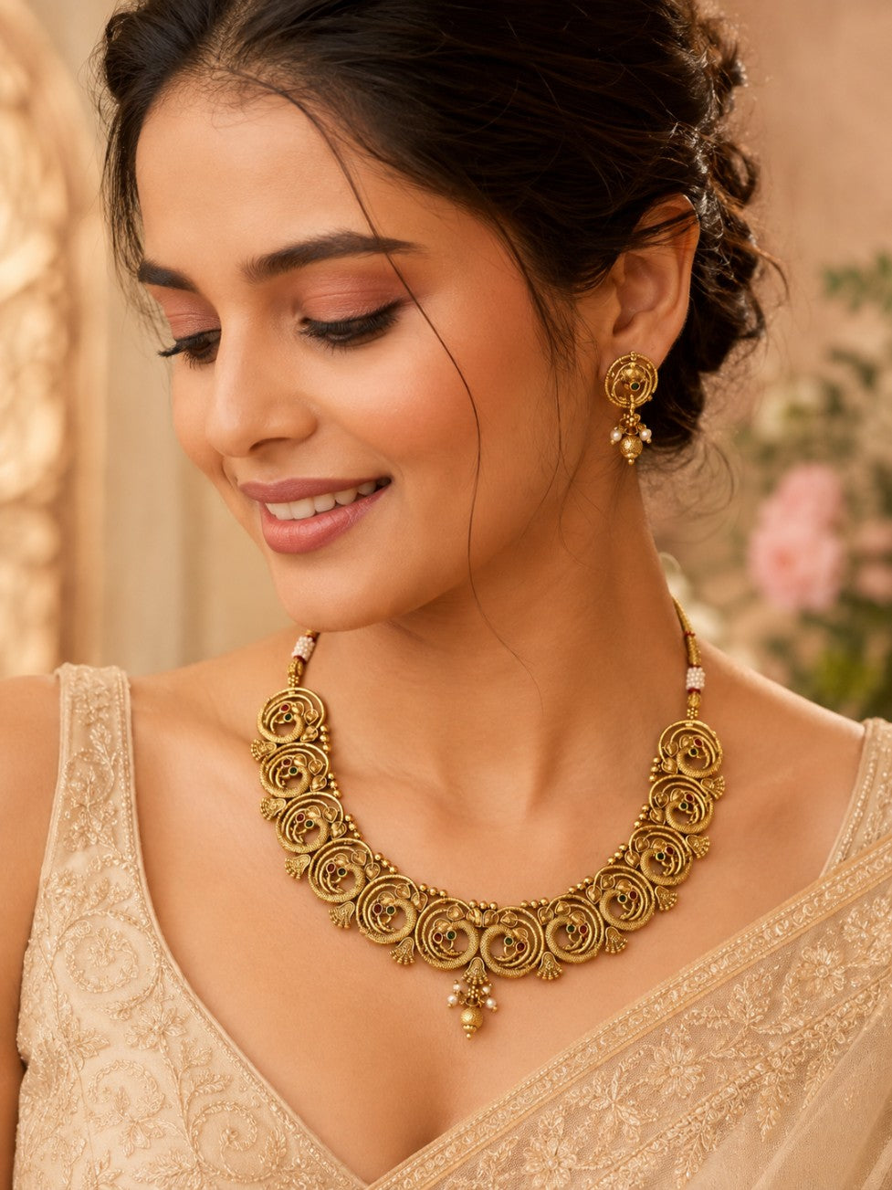 South Indian antique peacock necklace set with matching earrings and pearl drops - gold plated - Abdesigns