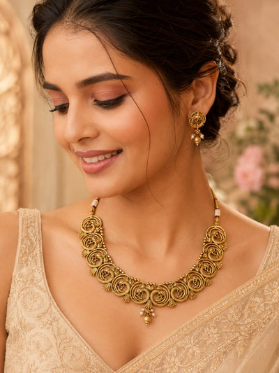 South Indian Antique Gold Peacock Necklace Set with Earrings | Abdesigns