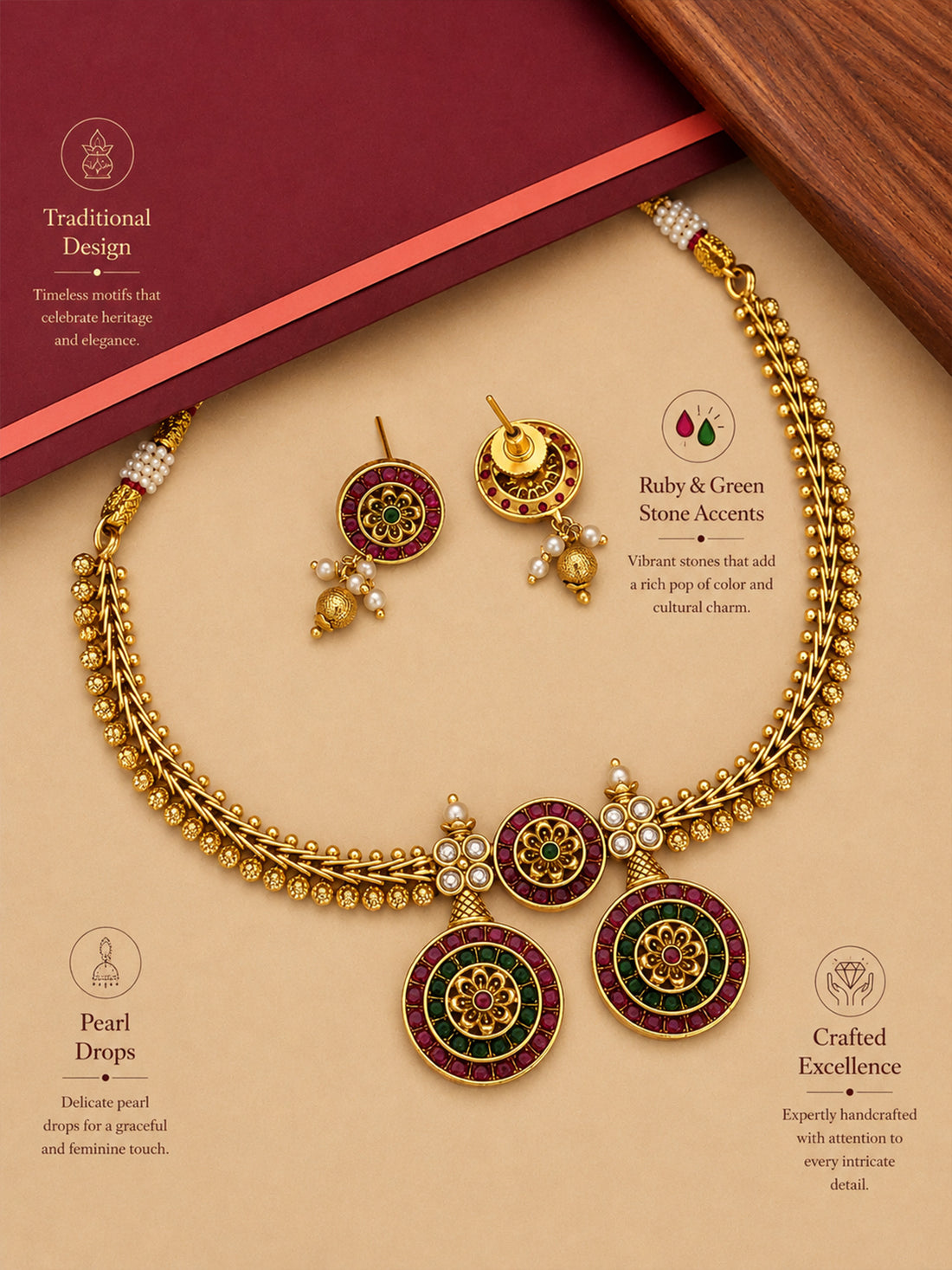 South Indian Antique Jewelry Necklace Set with gold finish and matching earrings by Abdesignsjewellery