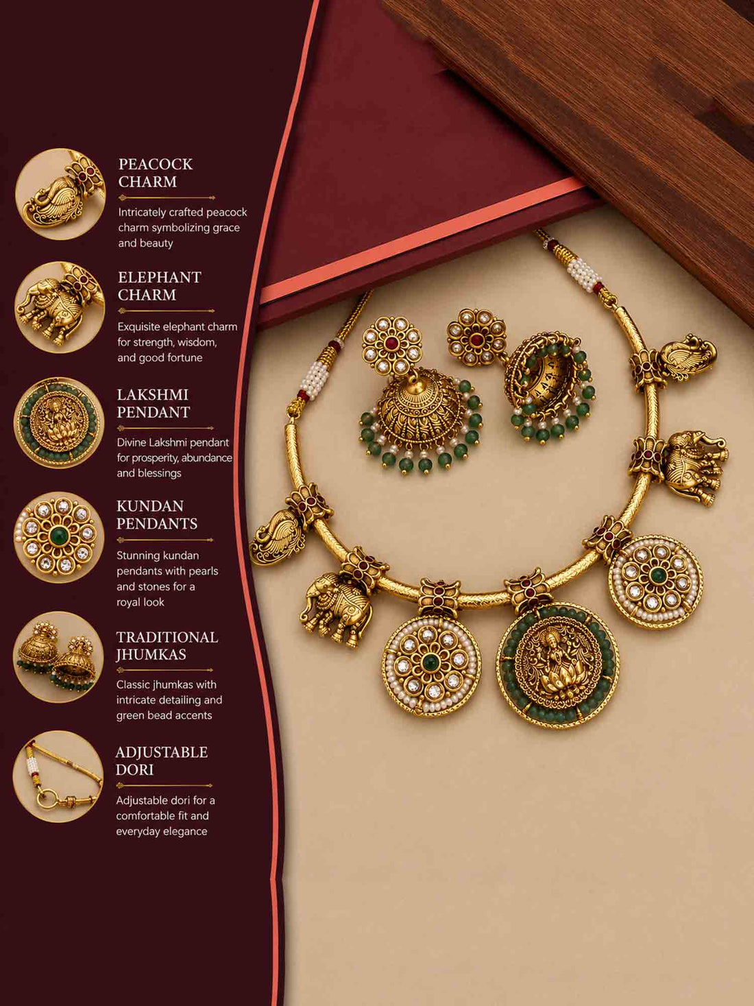 Antique Emerald Green Temple Hasli Neckl with gold finish and intricate elephant and floral charms