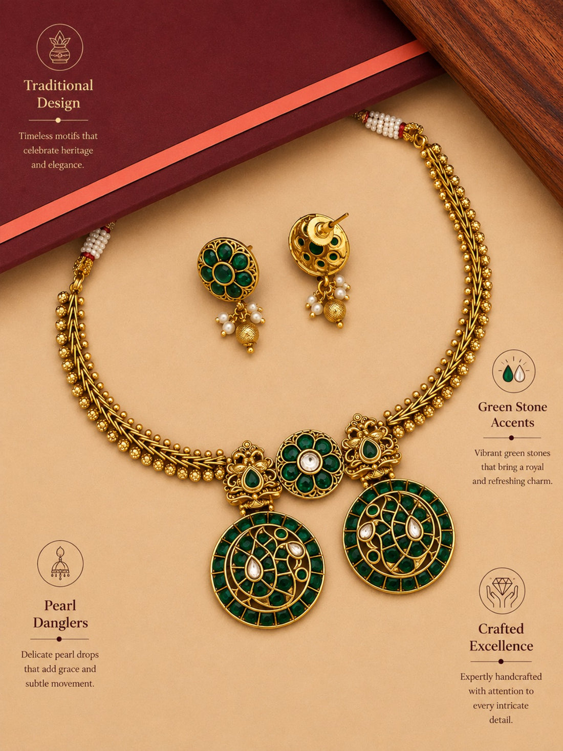 Abdesigns South Indian Green Antique Kemp Necklace Set