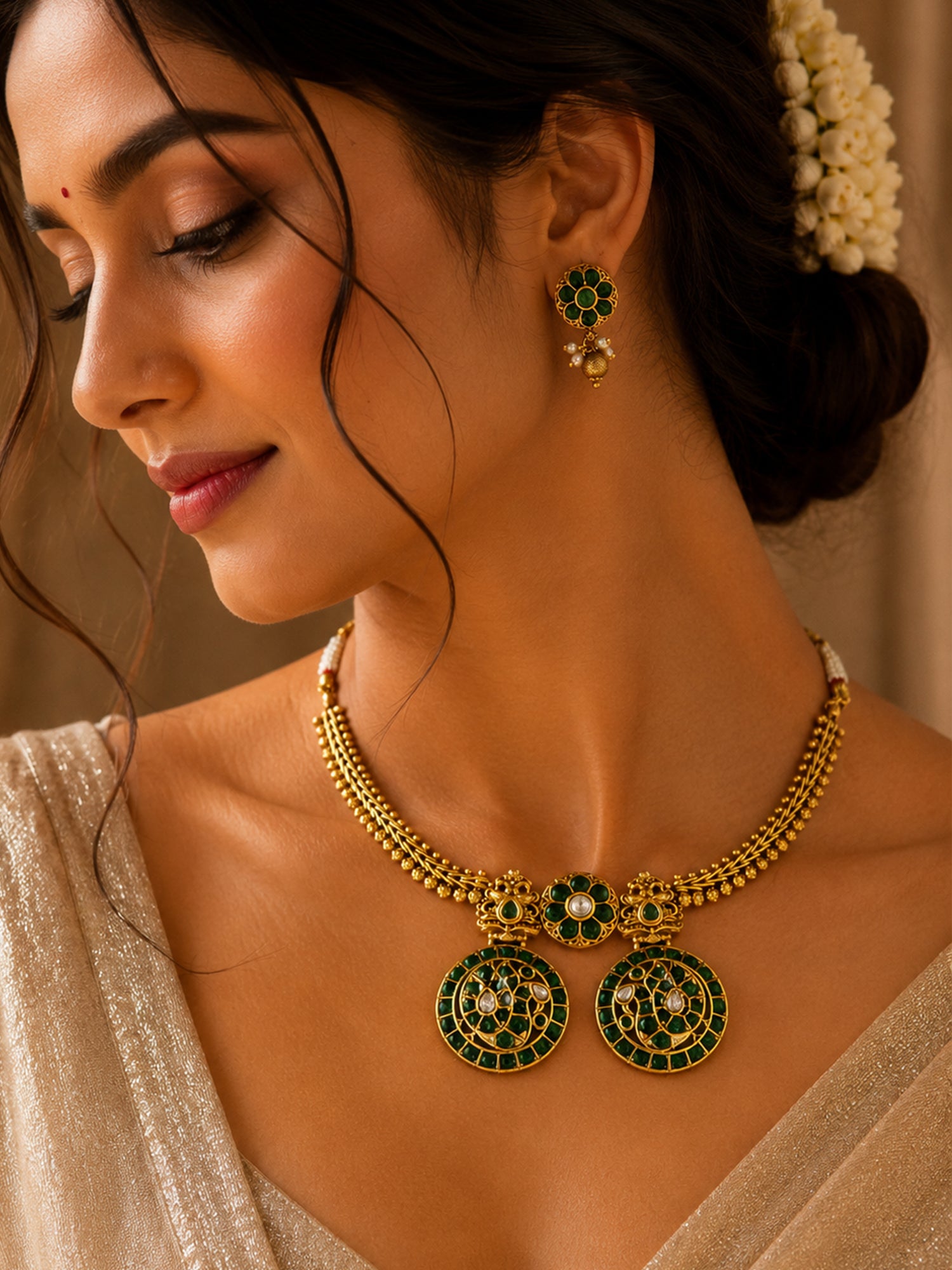 Abdesigns South Indian Green Antique Kemp Necklace Set