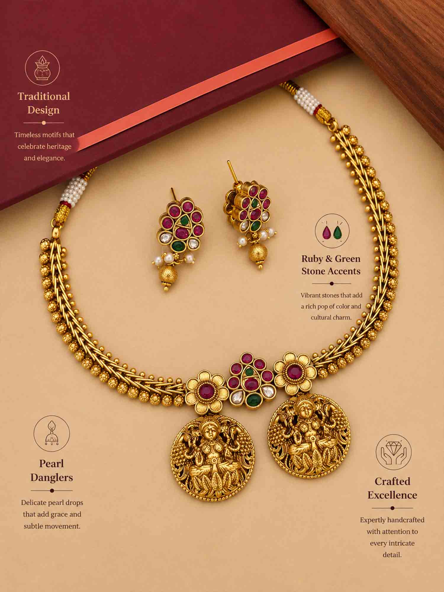 Abdesigns Multicolour South Indian Antique Kemp Necklace Set