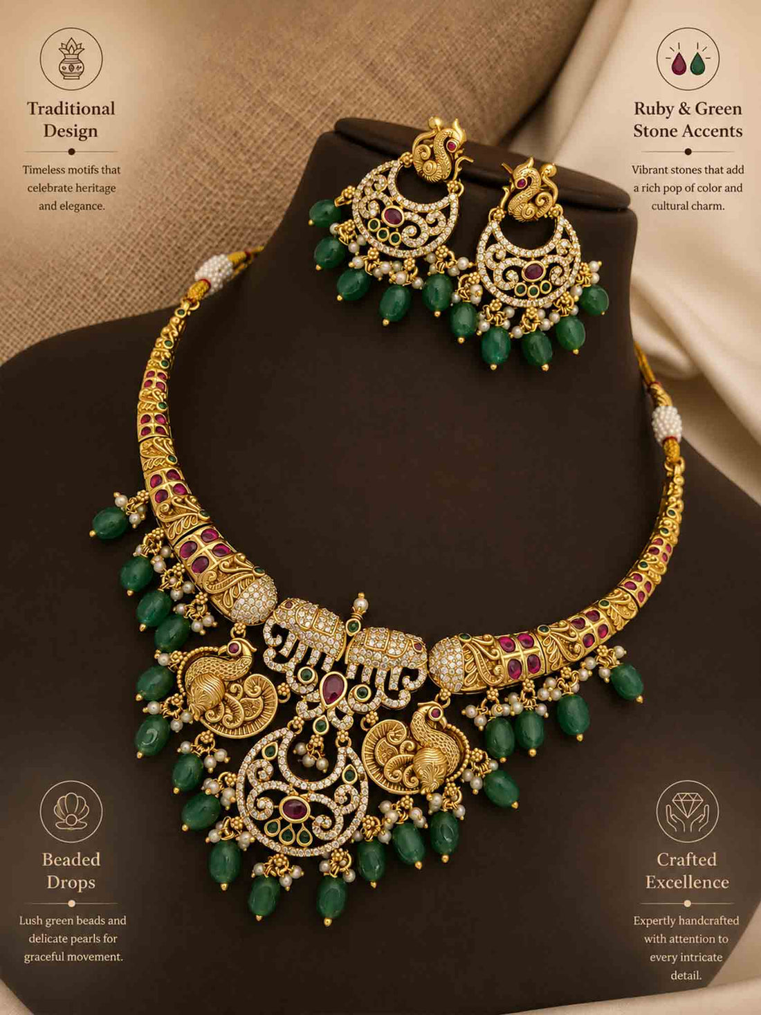 Gold plated multicolor diamond necklace set with intricate design and emerald accents