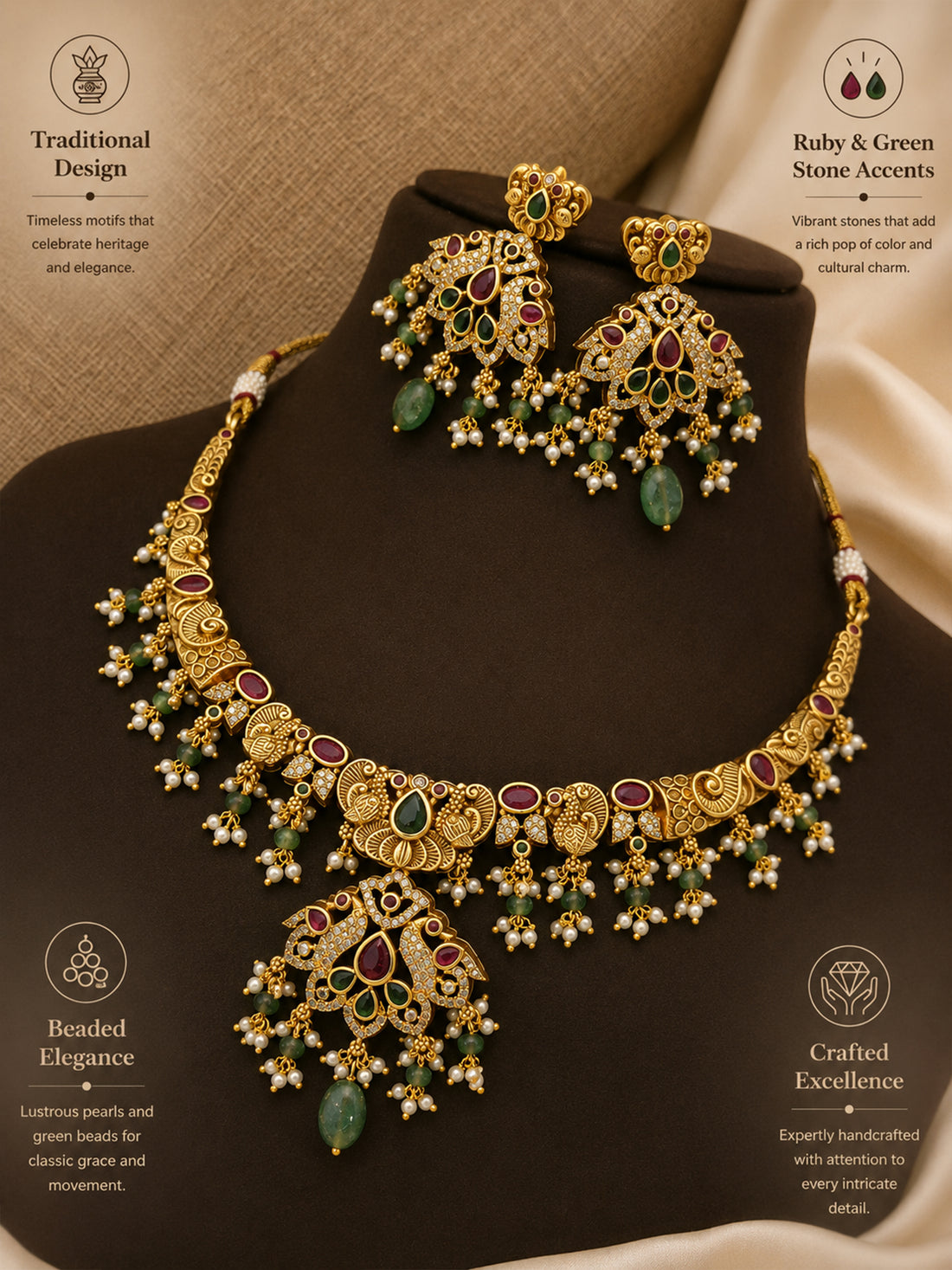 Gold plated multicolor necklace set featuring intricate floral designs and vibrant gemstones