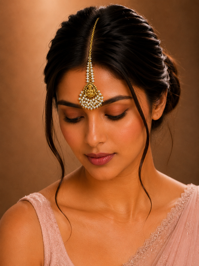 Temple Gold Plated Goddess Laxmi Maang Tikka with Pearl Drops
